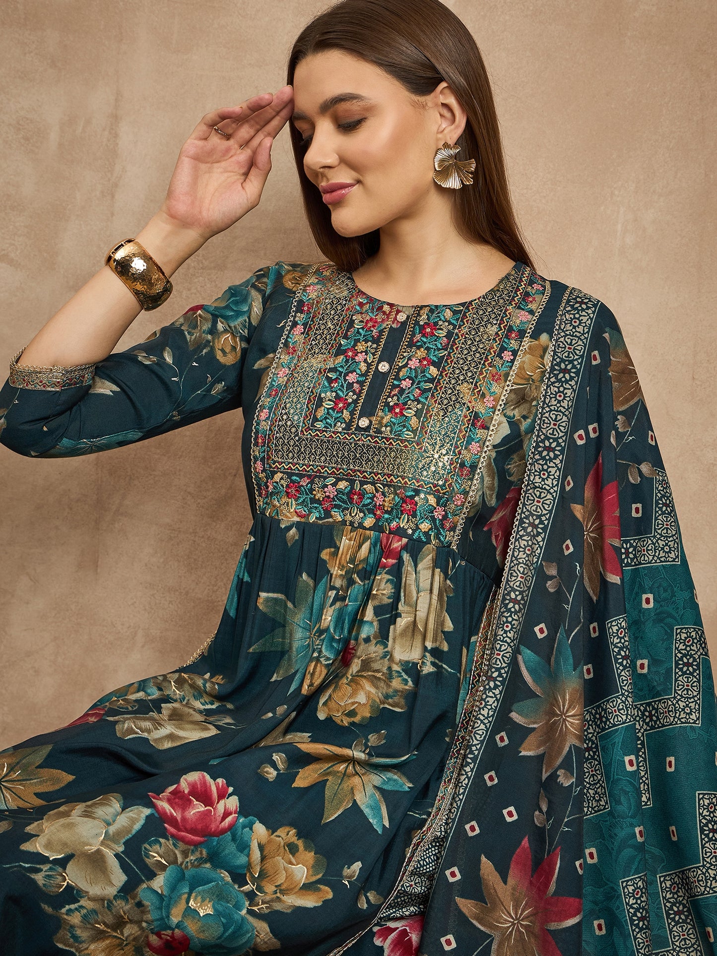 Women Ethnic Motifs Embroidered Pleated Thread Work Raw Silk Kurta with Trousers & With Dupatta