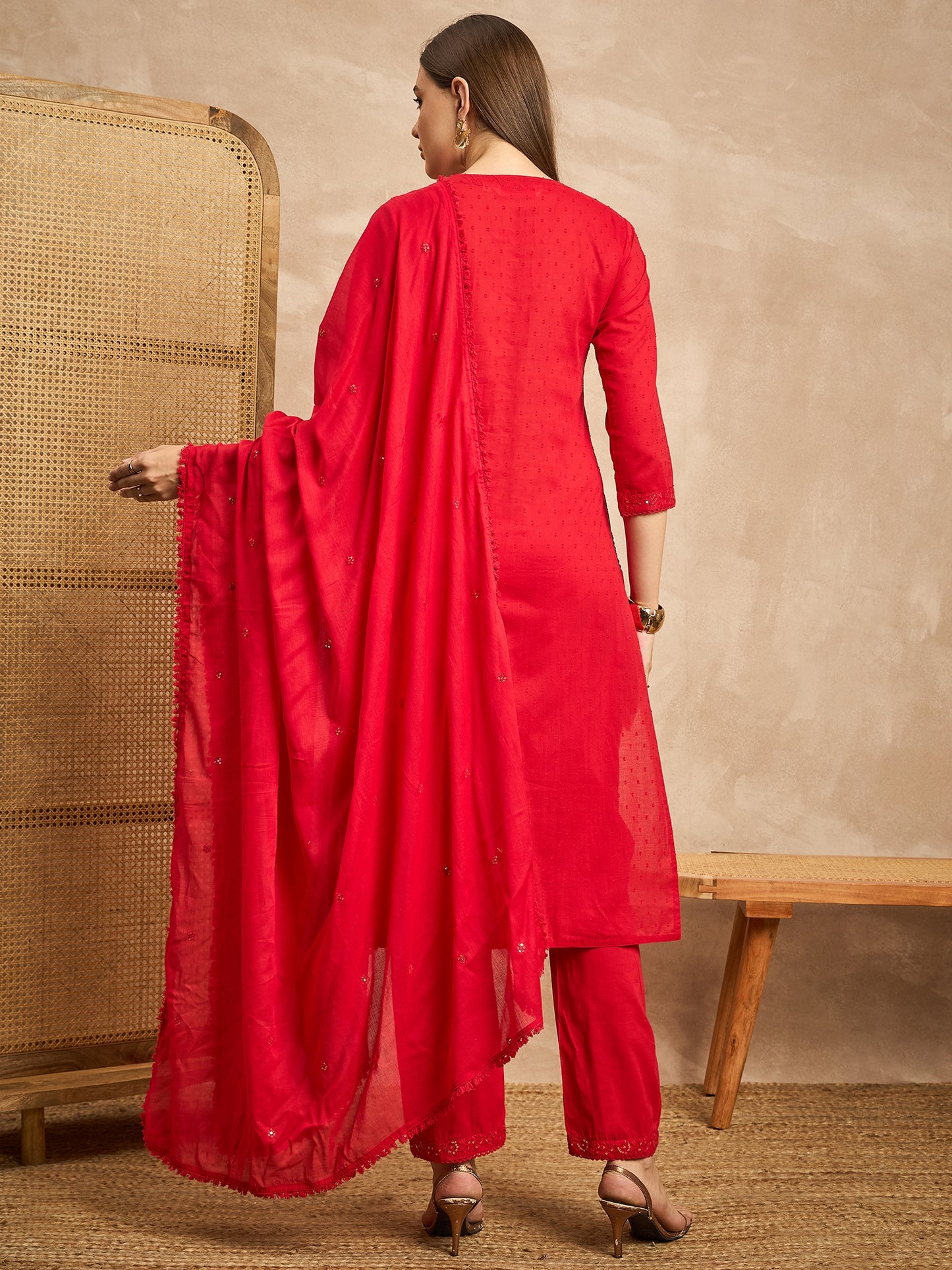 Floral Embroidered Tie-Up Neck Sequinned Straight Kurta With Trousers & Dupatta