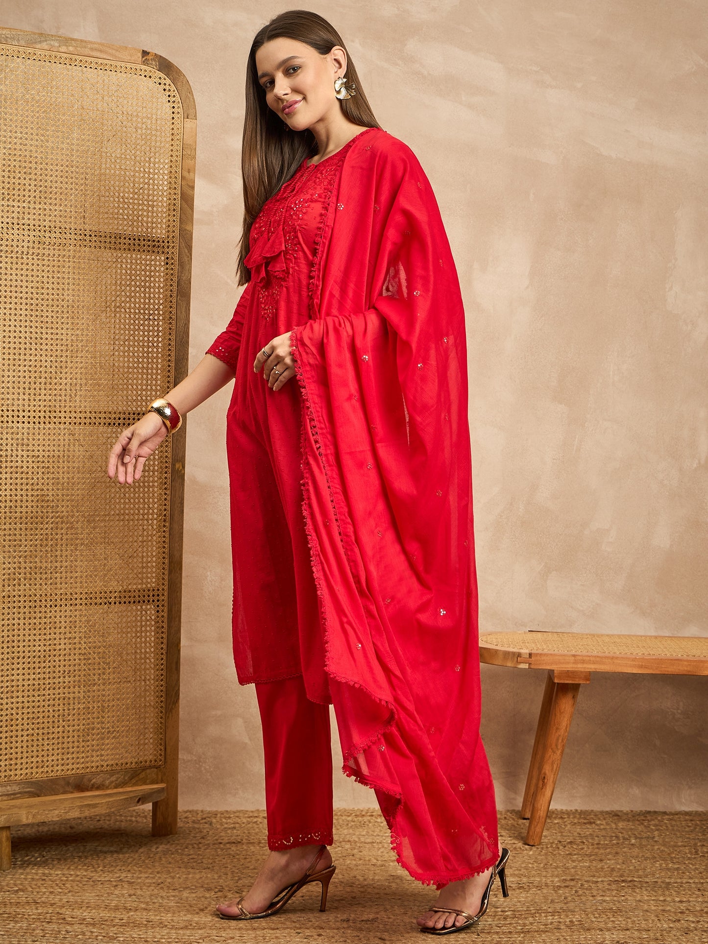 Floral Embroidered Tie-Up Neck Sequinned Straight Kurta With Trousers & Dupatta
