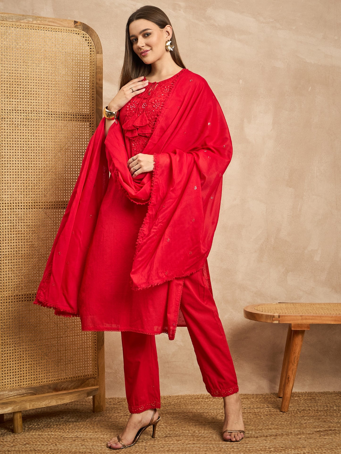 Floral Embroidered Tie-Up Neck Sequinned Straight Kurta With Trousers & Dupatta