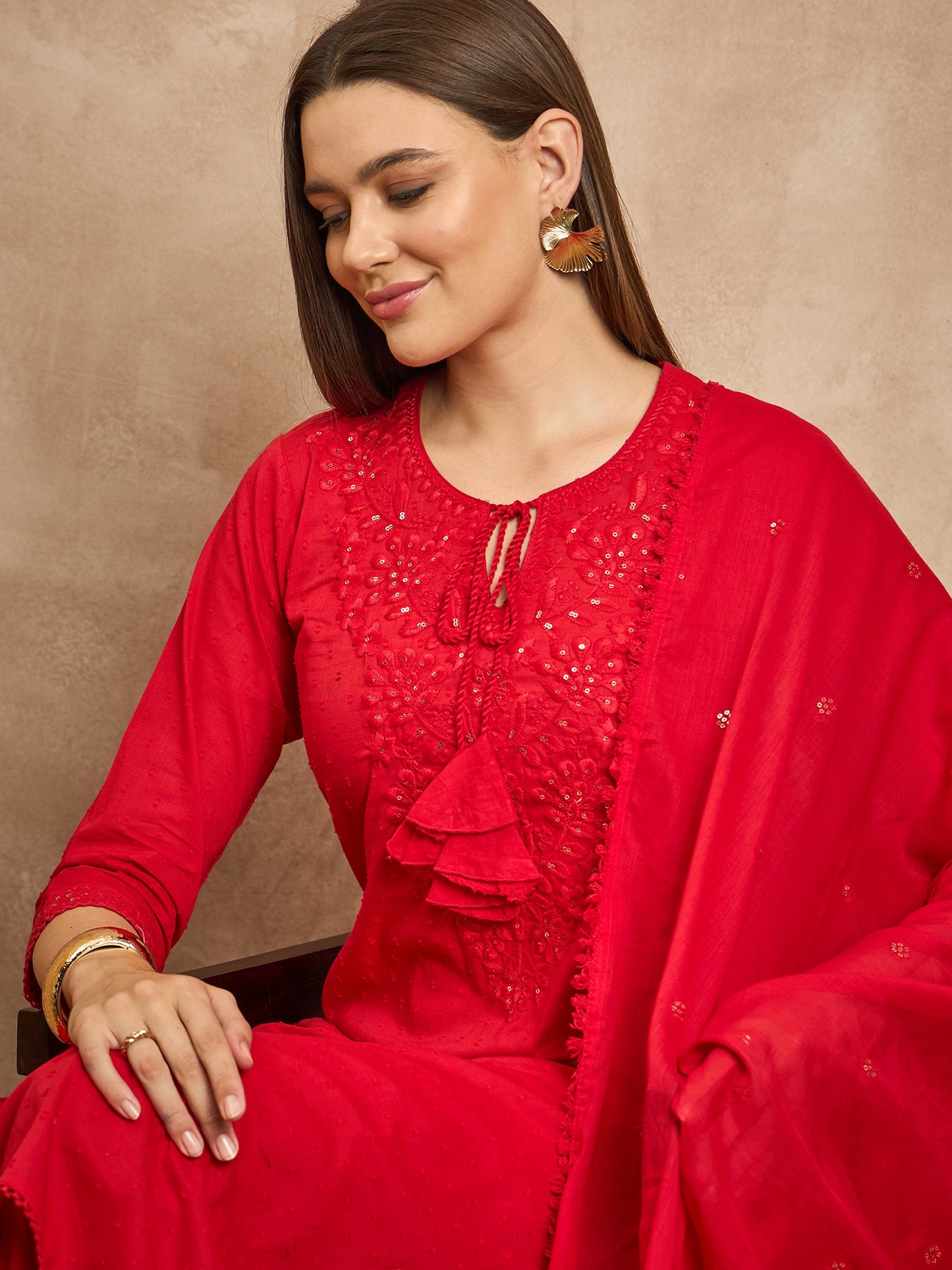 Floral Embroidered Tie-Up Neck Sequinned Straight Kurta With Trousers & Dupatta