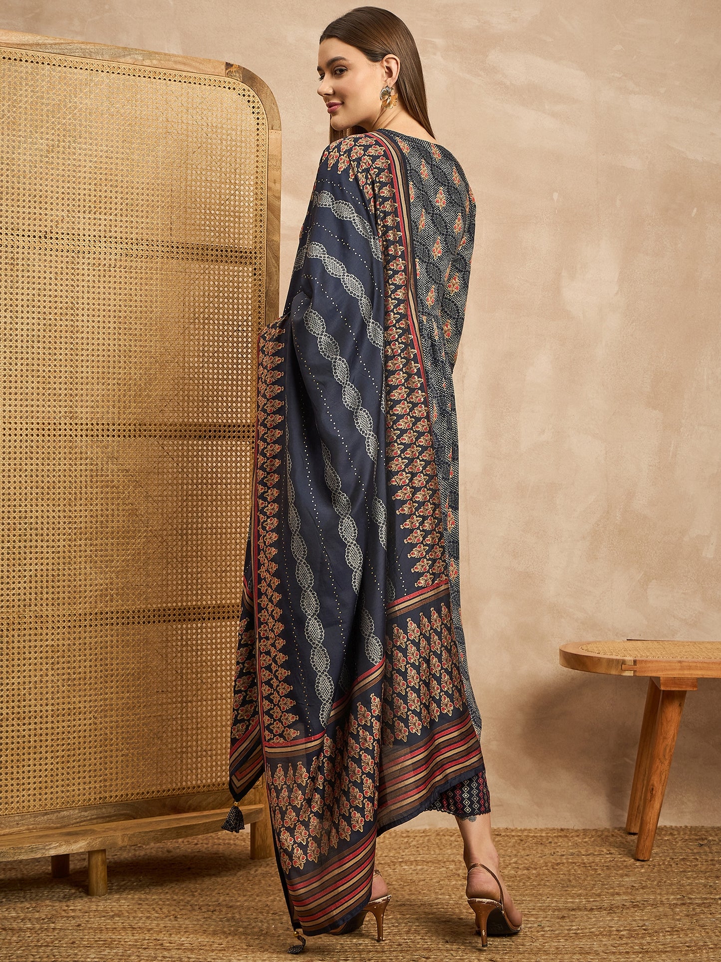 Women Floral Embroidered High Slit Mirror Work Kurta with Trousers & With Dupatta