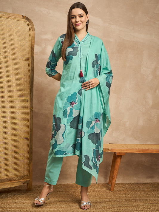 Women Floral Printed Thread Work Pure Cotton Straight Kurta with Trousers & Dupatta