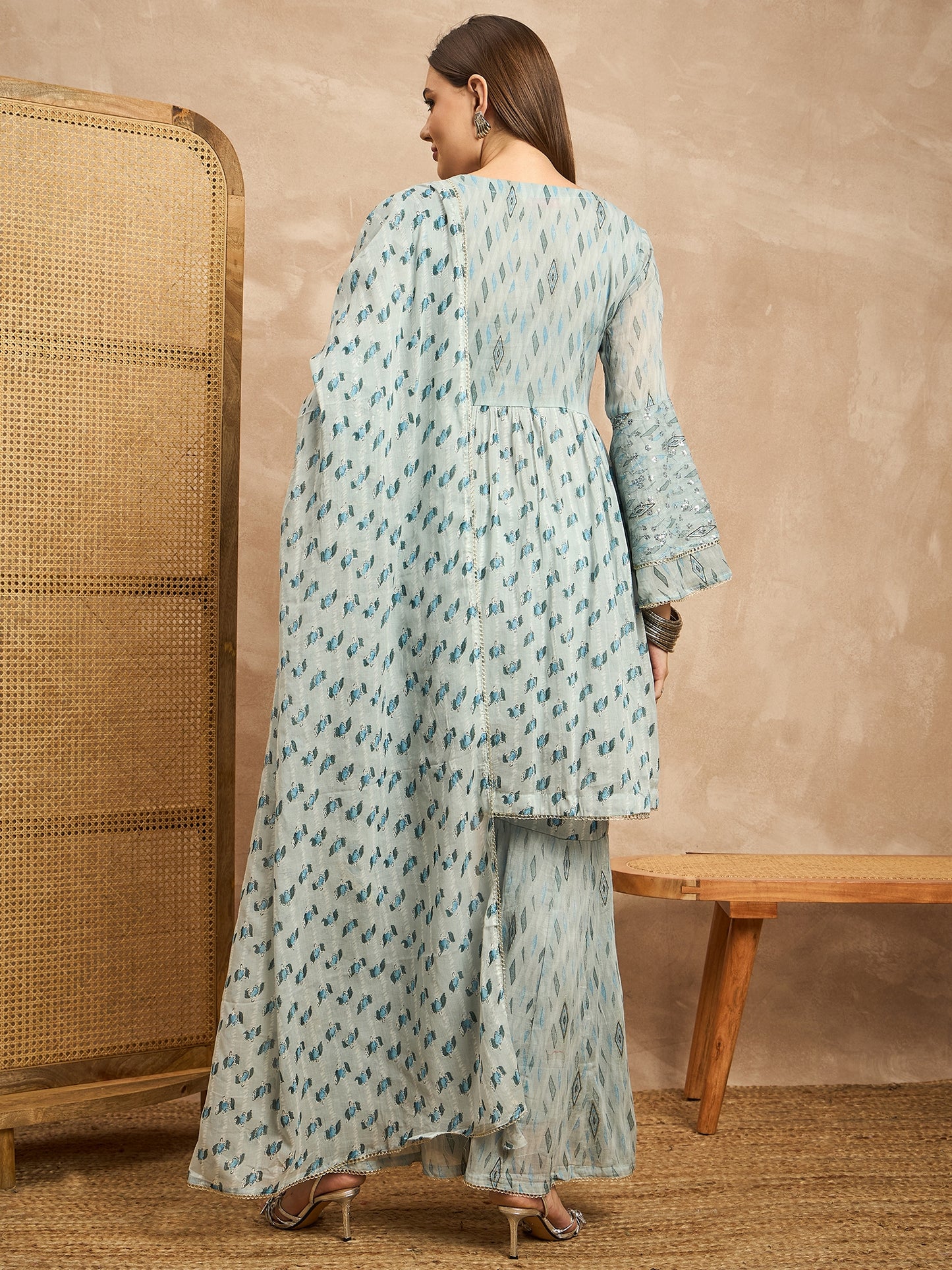 Women Floral Printed Empire Beads and Stones Kurta with Sharara & With Dupatta