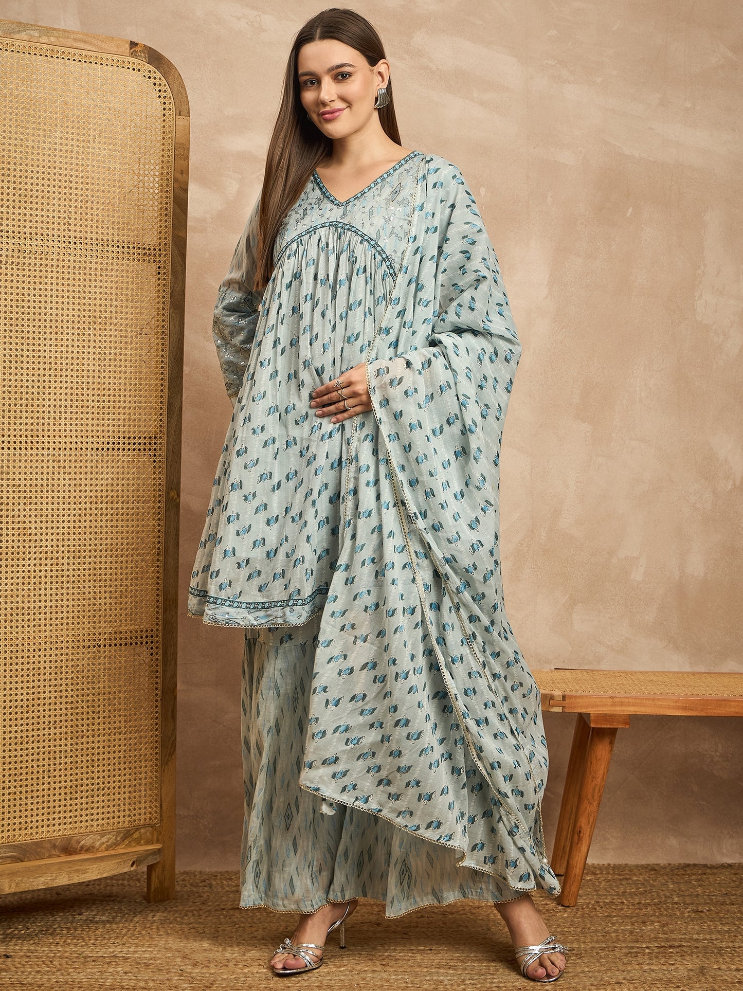 Women Floral Printed Empire Beads and Stones Kurta with Sharara & With Dupatta