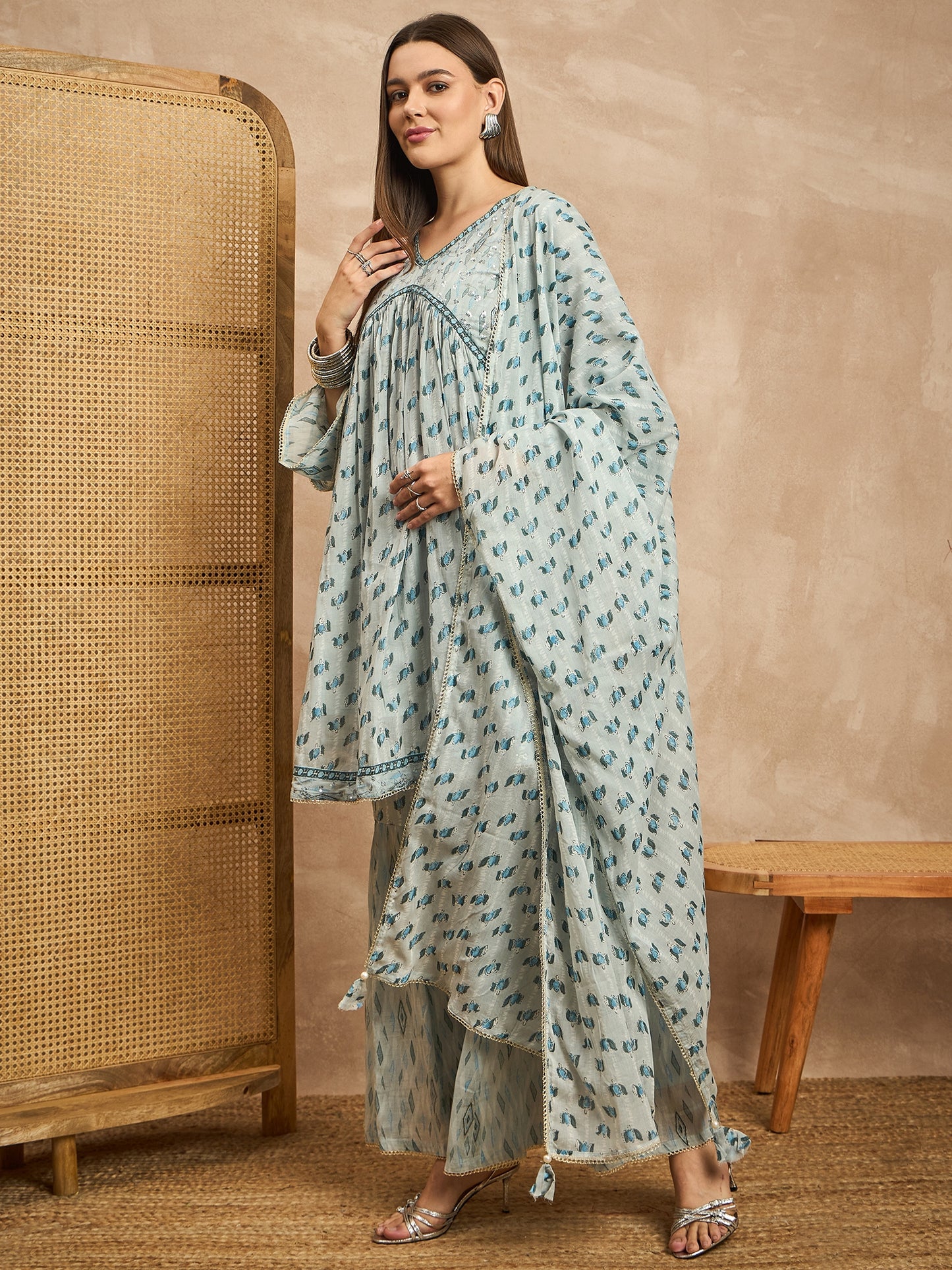 Women Floral Printed Empire Beads and Stones Kurta with Sharara & With Dupatta