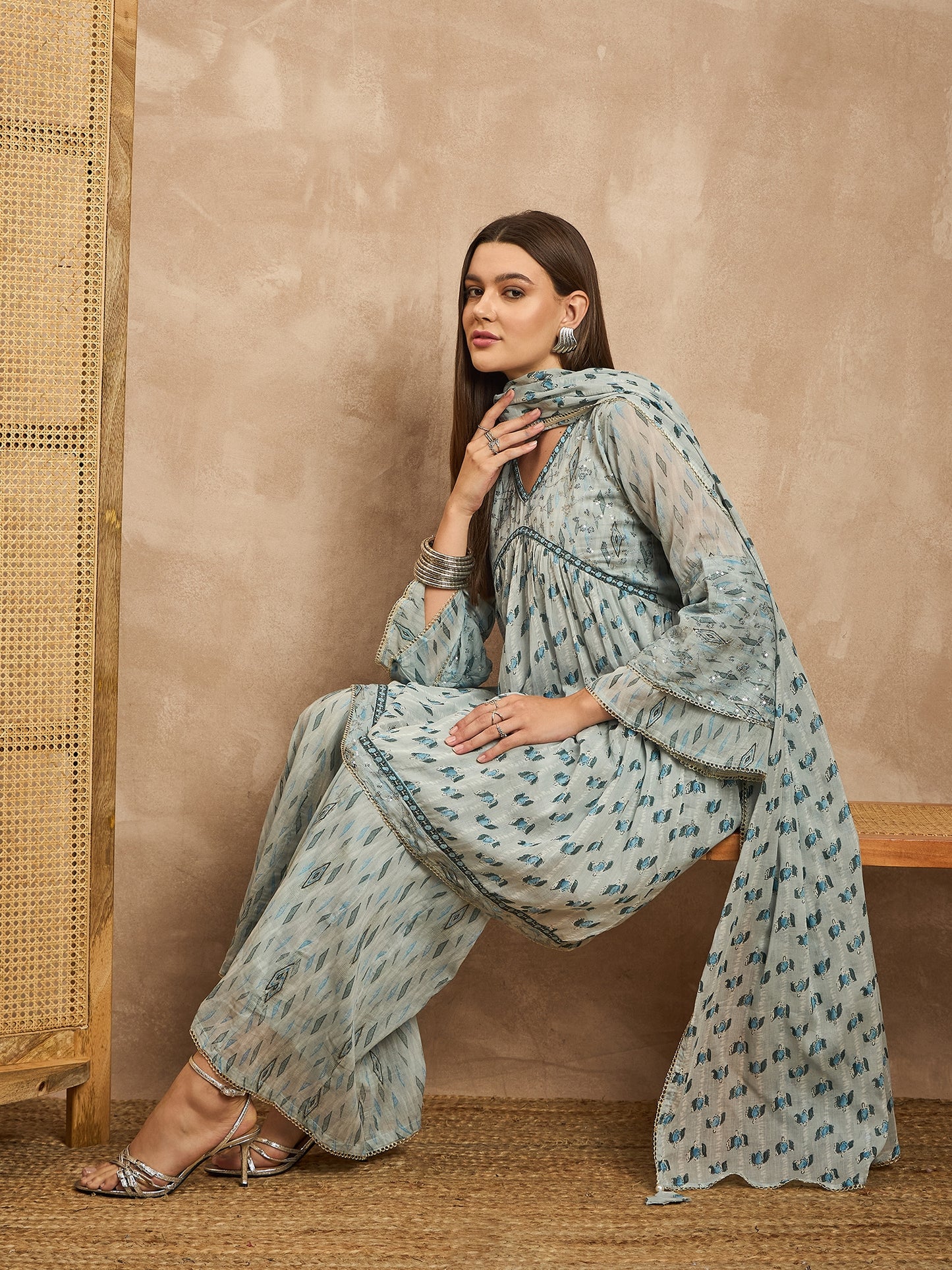 Women Floral Printed Empire Beads and Stones Kurta with Sharara & With Dupatta