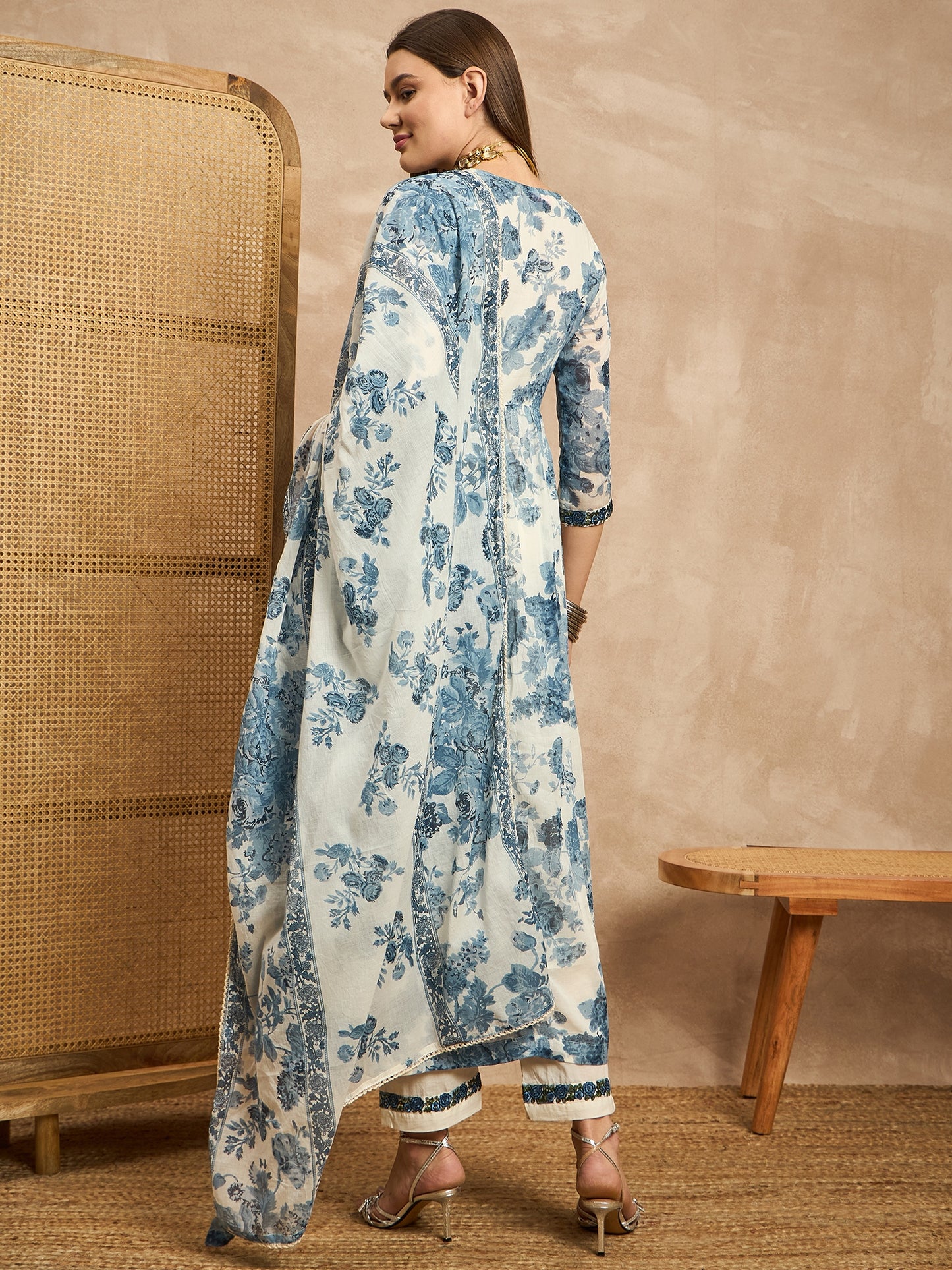 Floral Printed Empire Sequinned Anarkali Kurta with Trousers & Dupatta