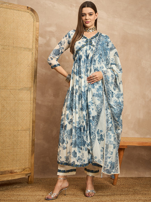 Floral Printed Empire Sequinned Anarkali Kurta with Trousers & Dupatta