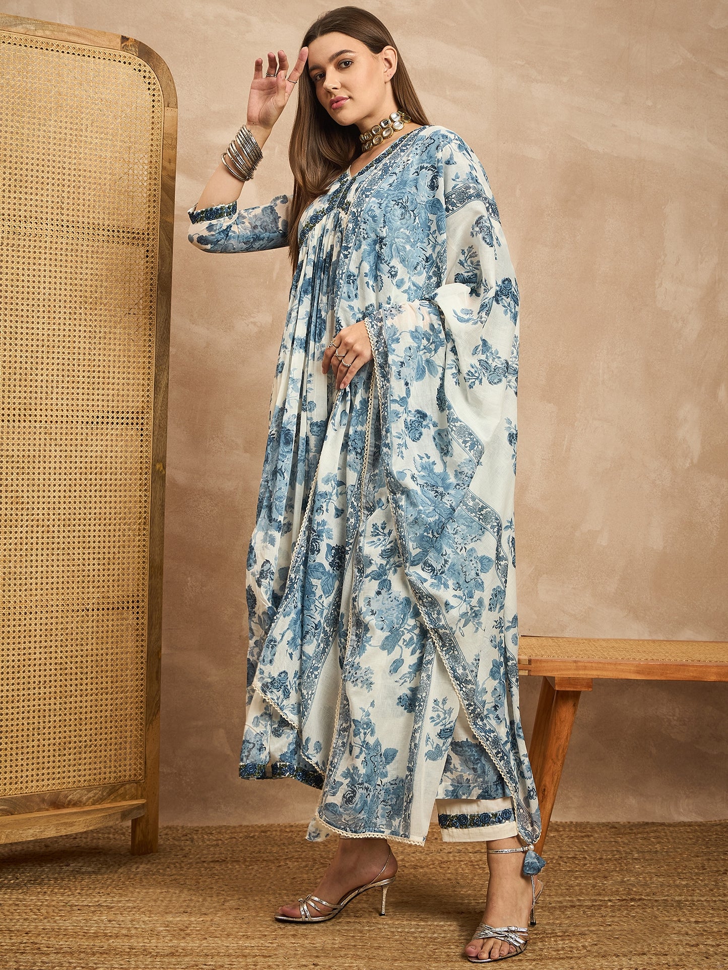 Floral Printed Empire Sequinned Anarkali Kurta with Trousers & Dupatta