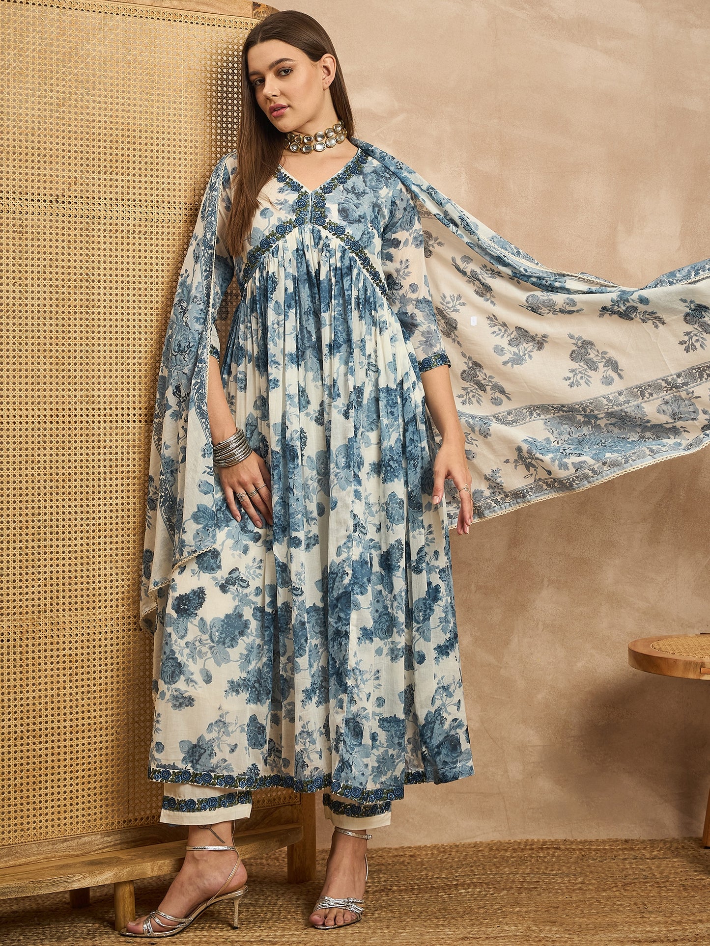 Floral Printed Empire Sequinned Anarkali Kurta with Trousers & Dupatta