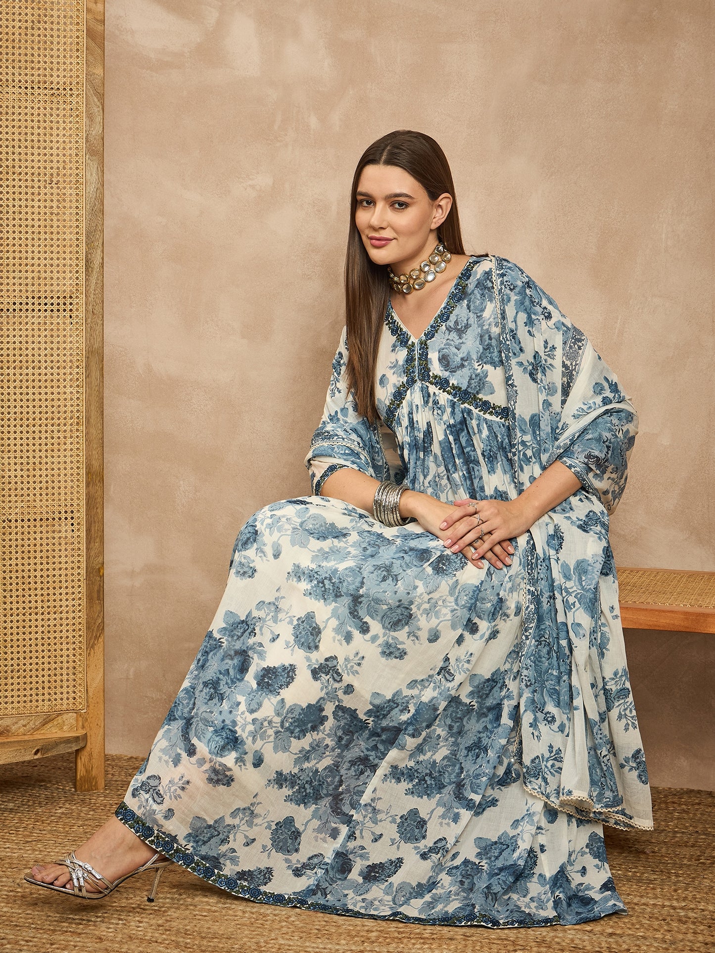 Floral Printed Empire Sequinned Anarkali Kurta with Trousers & Dupatta