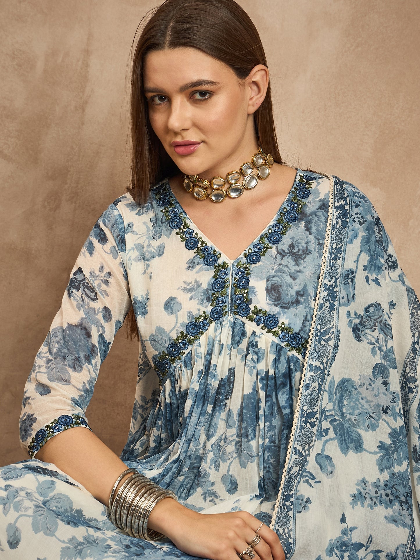 Floral Printed Empire Sequinned Anarkali Kurta with Trousers & Dupatta