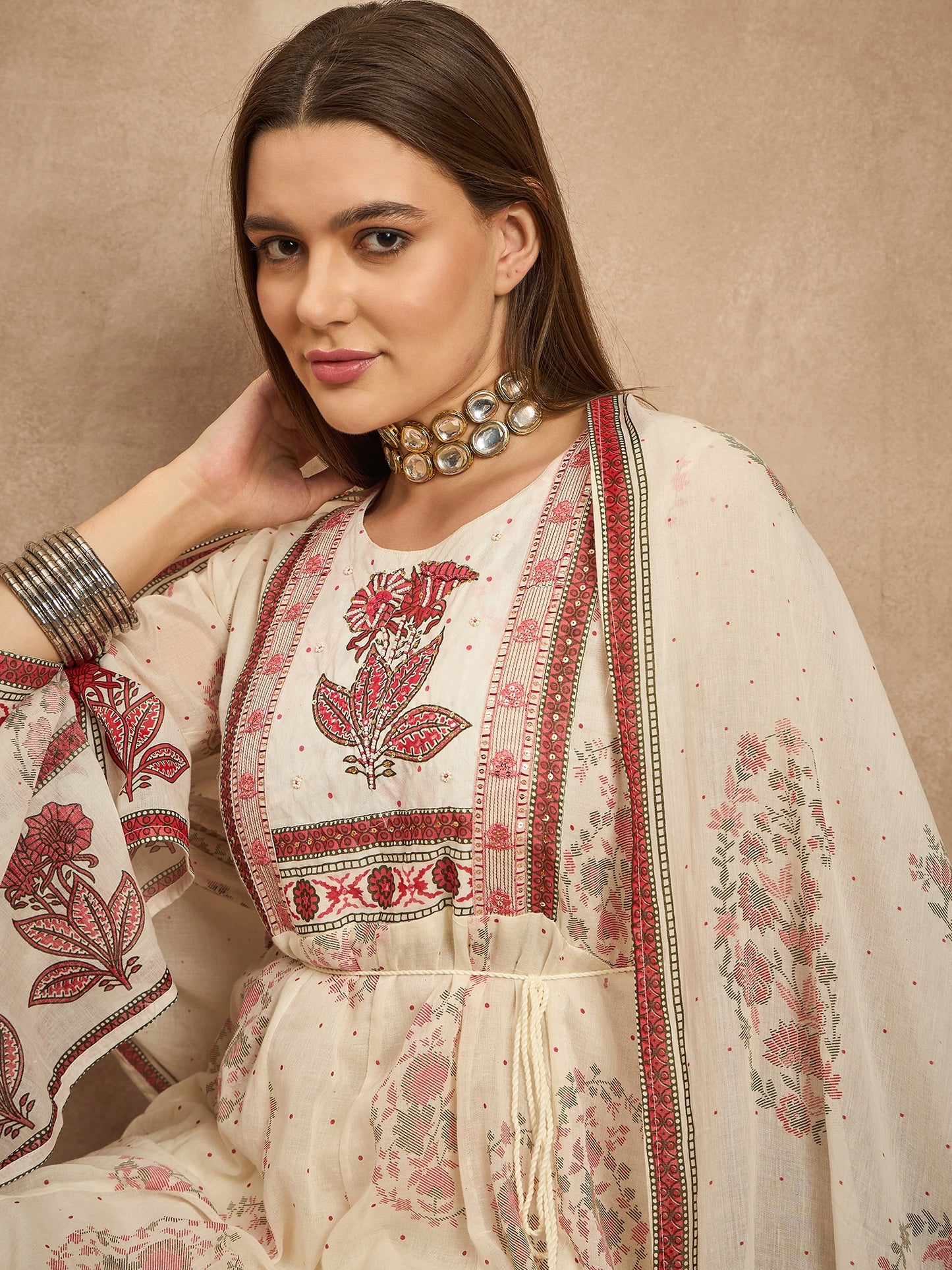 Women Ethnic Motifs Printed Regular Sequinned Kurta with Trousers & With Dupatta