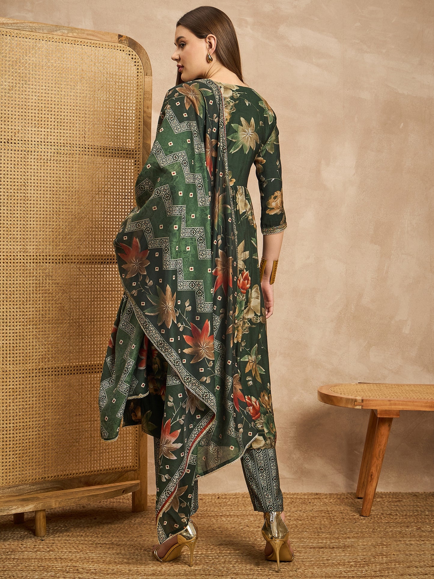 Women Ethnic Motifs Printed Pleated Thread Work Raw Silk Kurta with Trousers & With Dupatta
