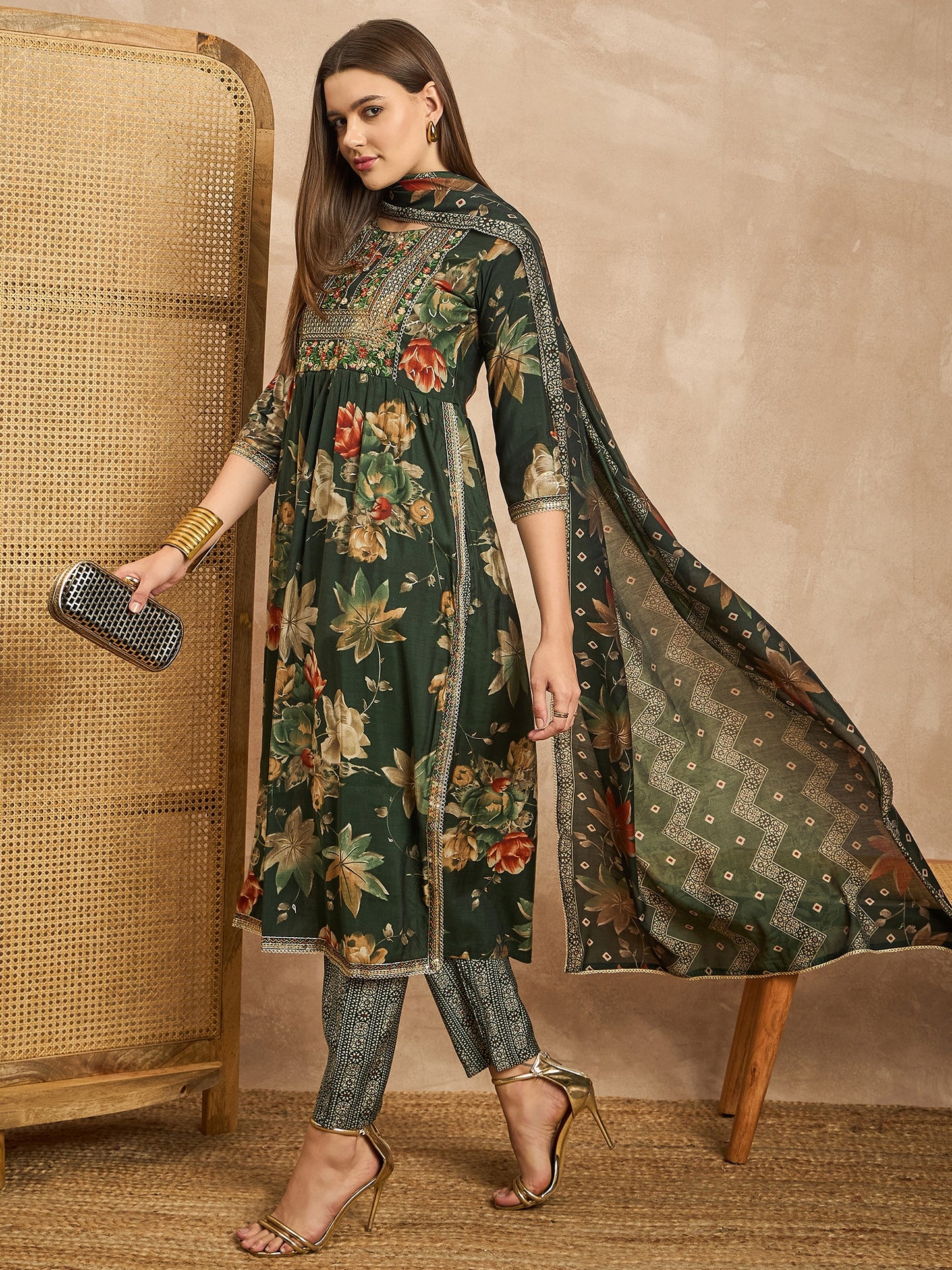 Women Ethnic Motifs Printed Pleated Thread Work Raw Silk Kurta with Trousers & With Dupatta