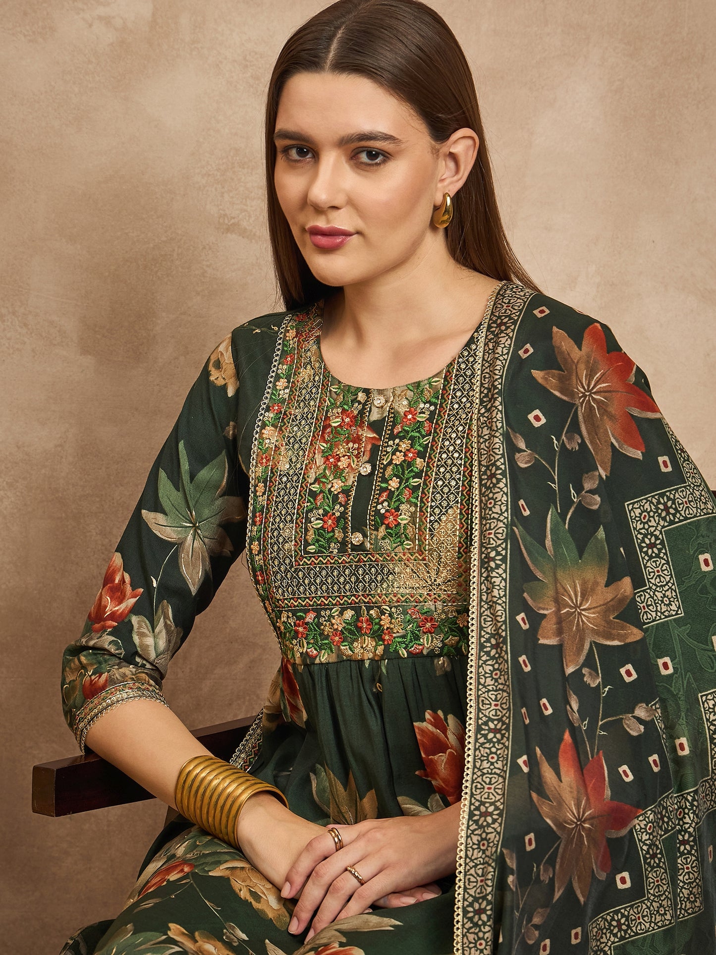 Women Ethnic Motifs Printed Pleated Thread Work Raw Silk Kurta with Trousers & With Dupatta