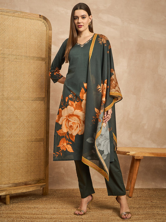 Women Floral Printed Beads and Stones Pure Cotton Kurta with Trousers & Dupatta