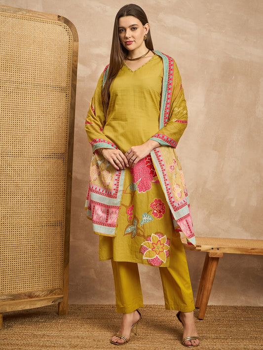 Women Floral Printed Beads and Stones Pure Cotton Kurta with Trousers & Dupatta