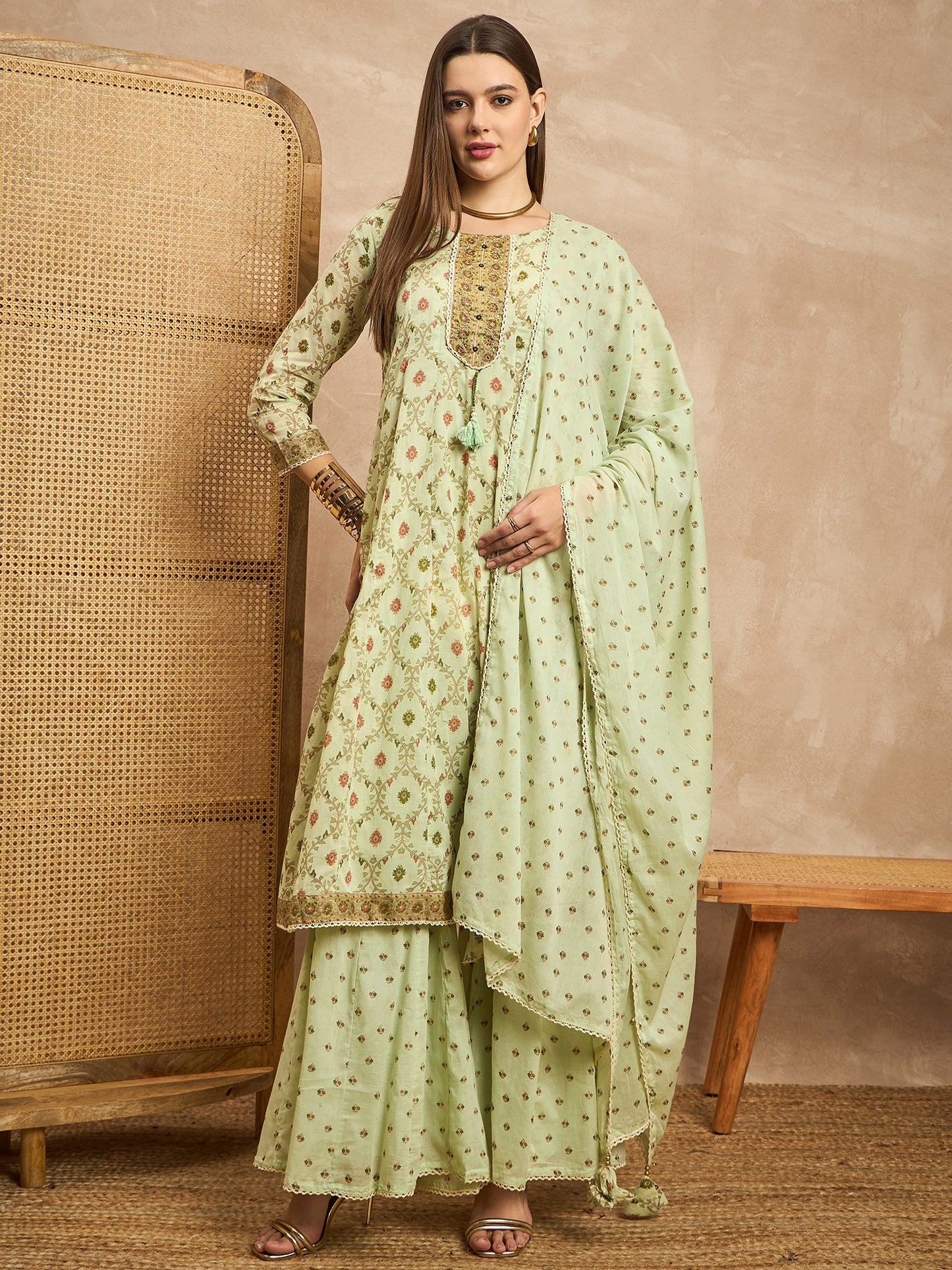 Women Ethnic Motifs Printed Angrakha Beads and Stones Kurta with Sharara & With Dupatta