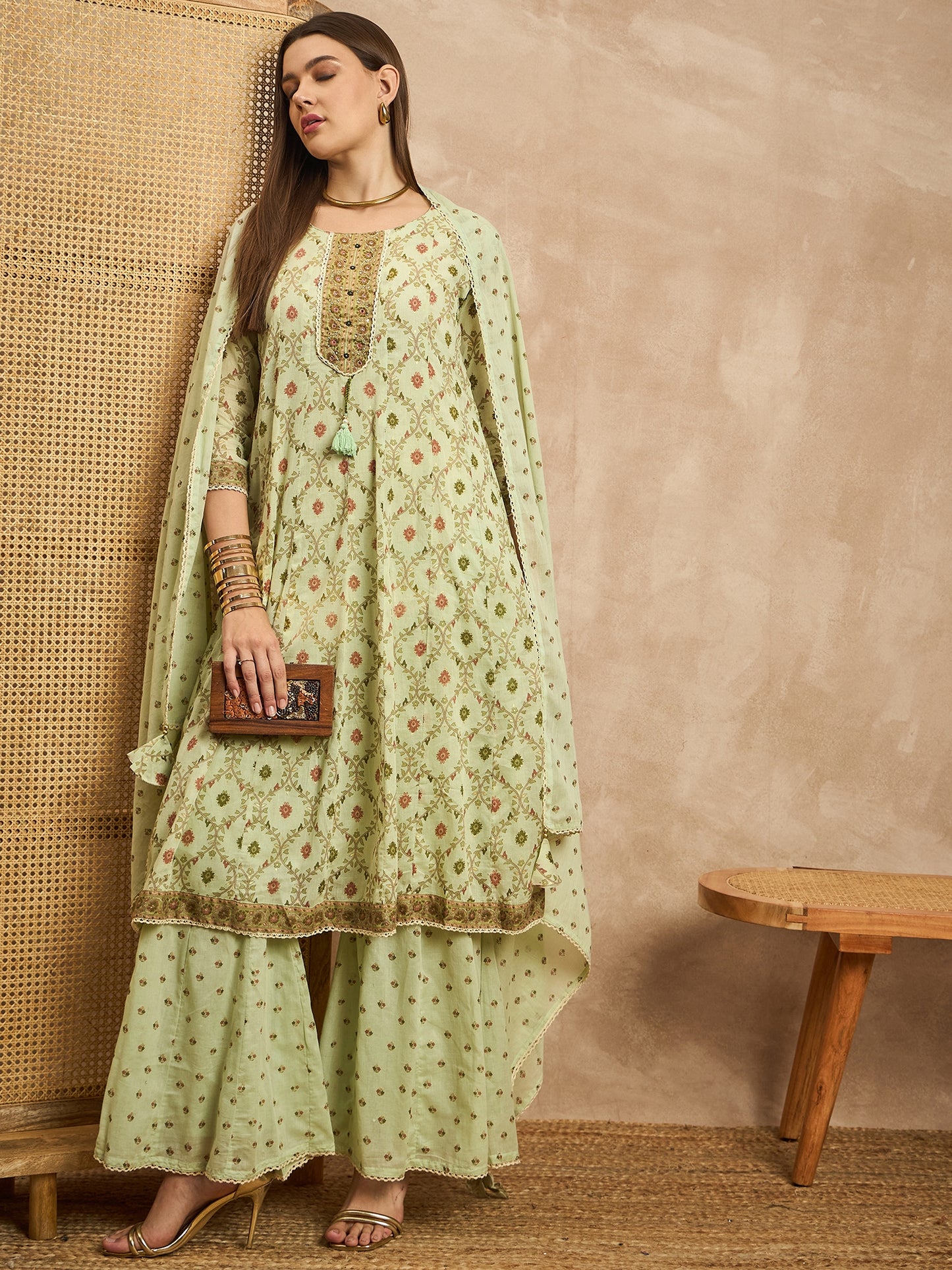 Women Ethnic Motifs Printed Angrakha Beads and Stones Kurta with Sharara & With Dupatta