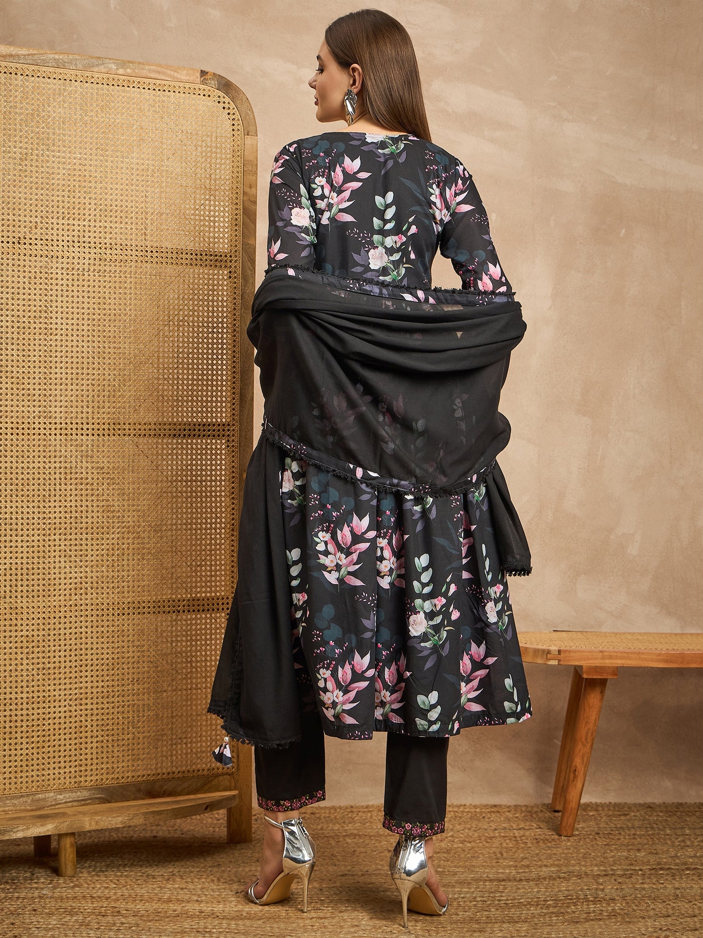 Floral Printed Pleated Sequinned Anarkali Kurta with Trousers & Dupatta