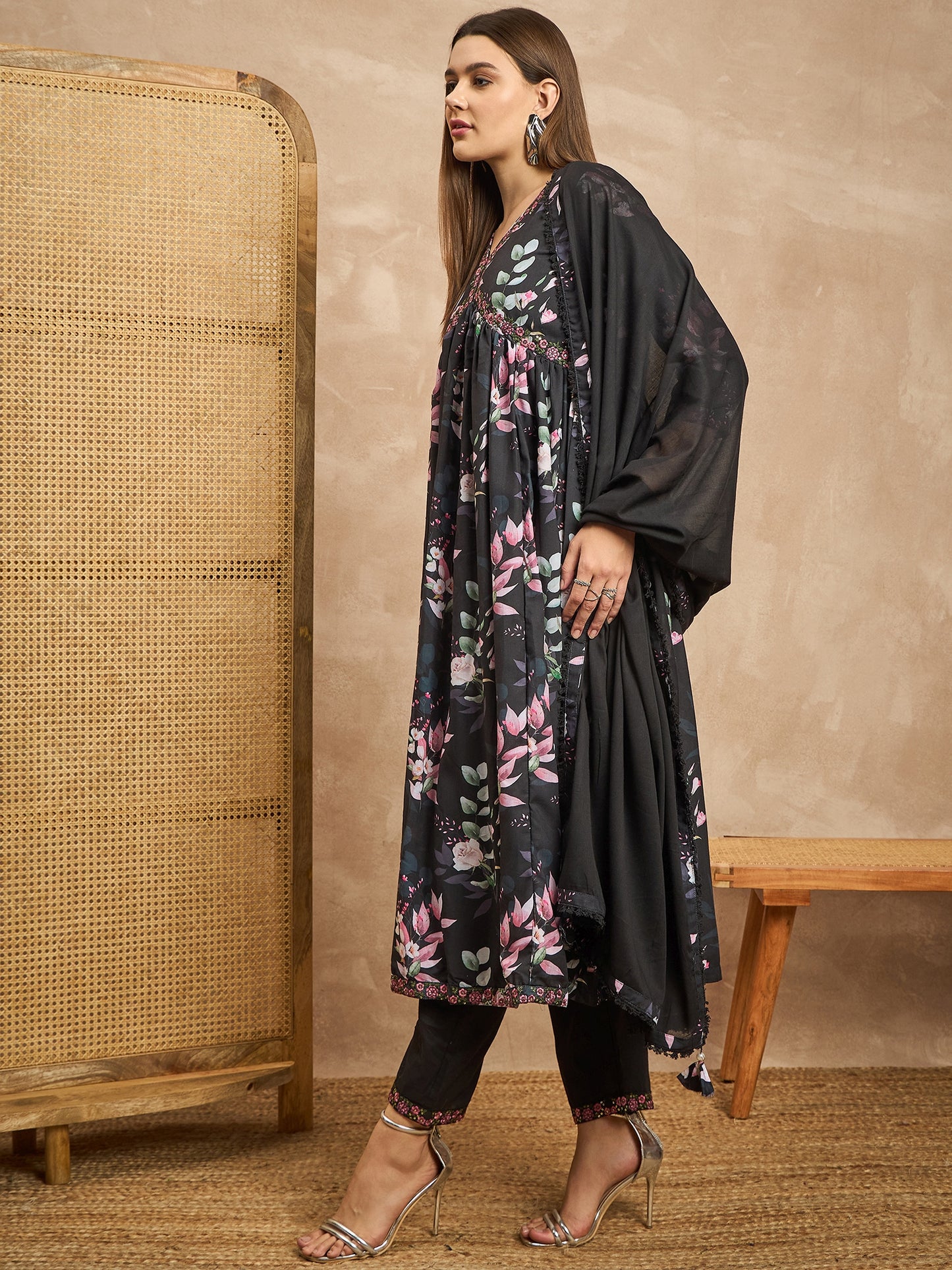 Floral Printed Pleated Sequinned Anarkali Kurta with Trousers & Dupatta