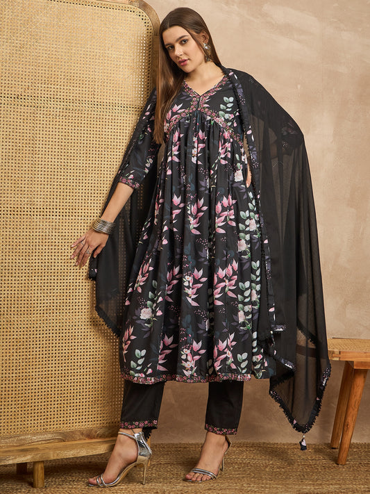 Floral Printed Pleated Sequinned Anarkali Kurta with Trousers & Dupatta