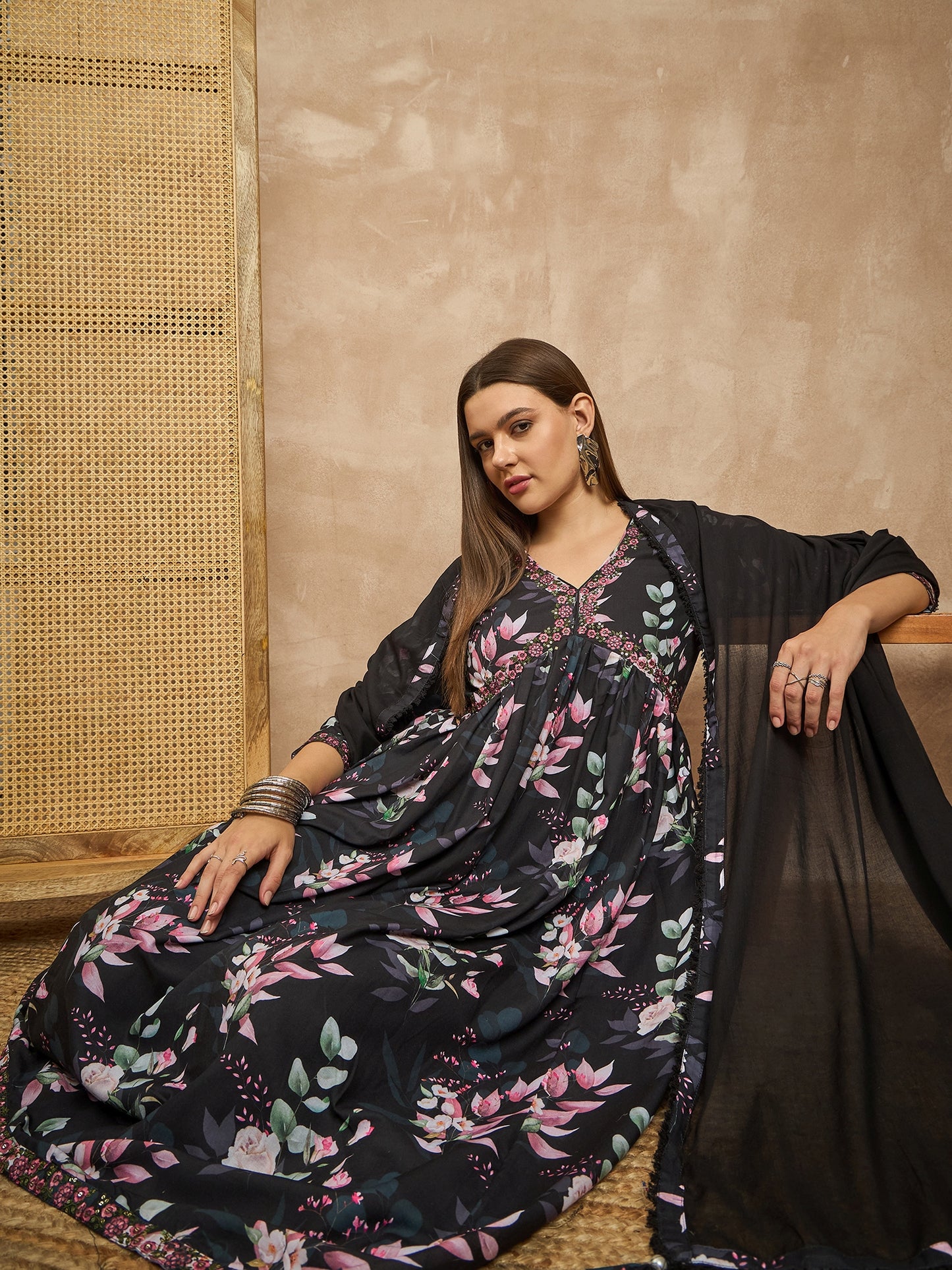 Floral Printed Pleated Sequinned Anarkali Kurta with Trousers & Dupatta