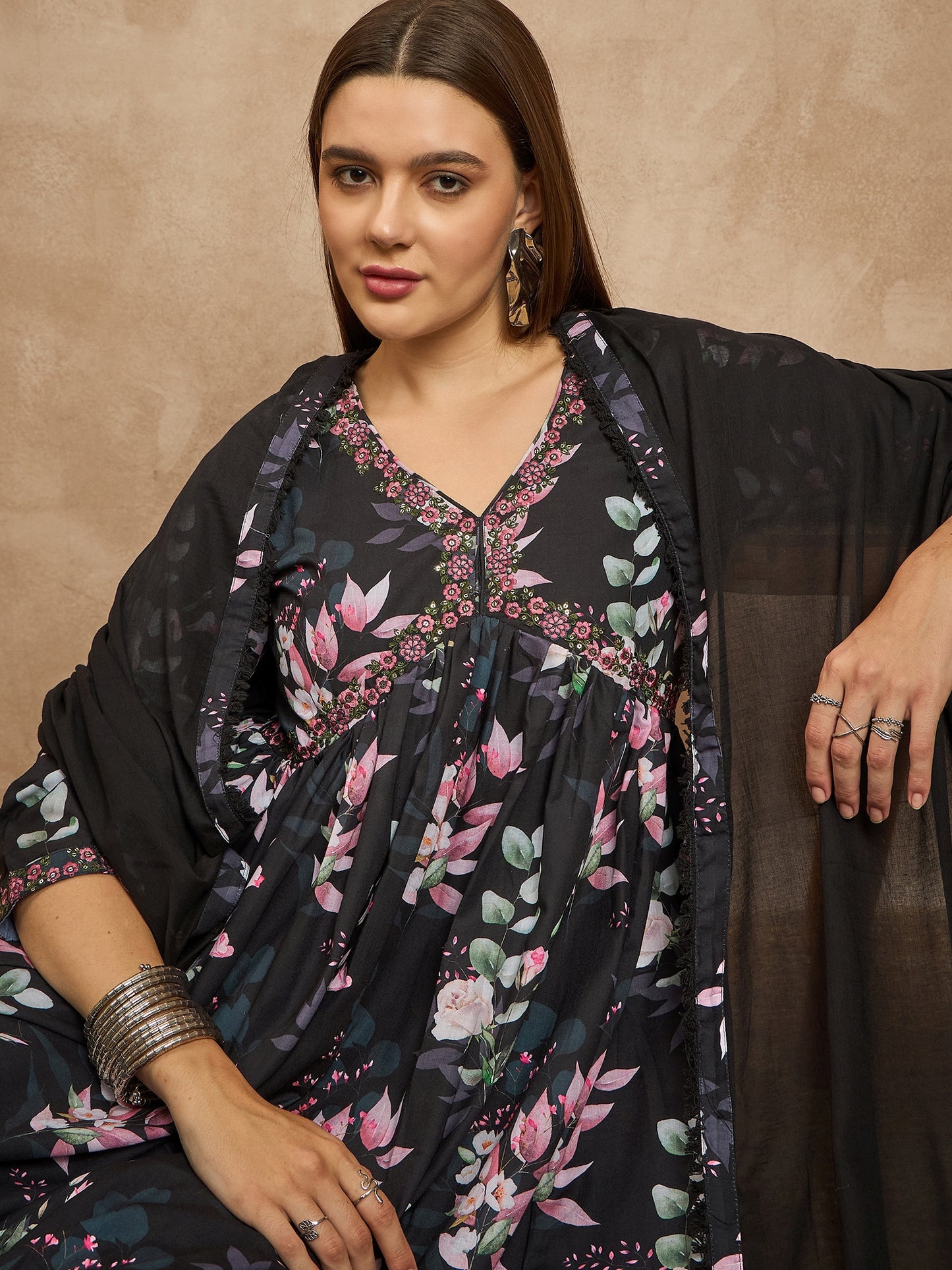 Floral Printed Pleated Sequinned Anarkali Kurta with Trousers & Dupatta