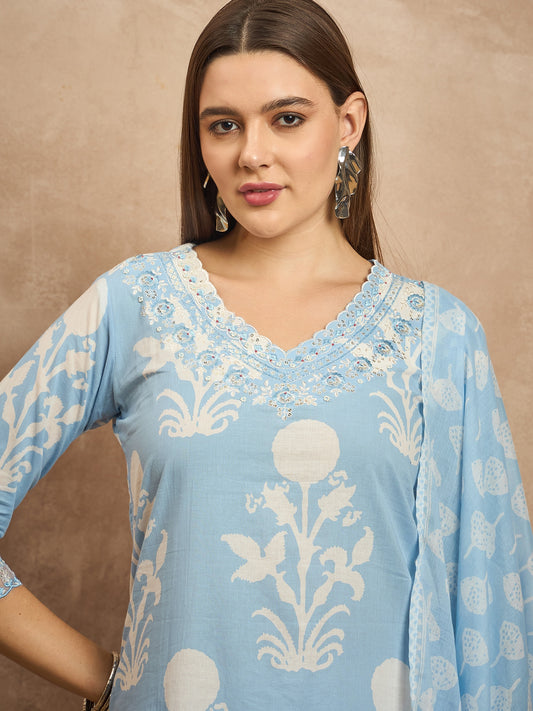 Women Floral Printed Sequinned Pure Cotton Straight Kurta with Trousers & Dupatta