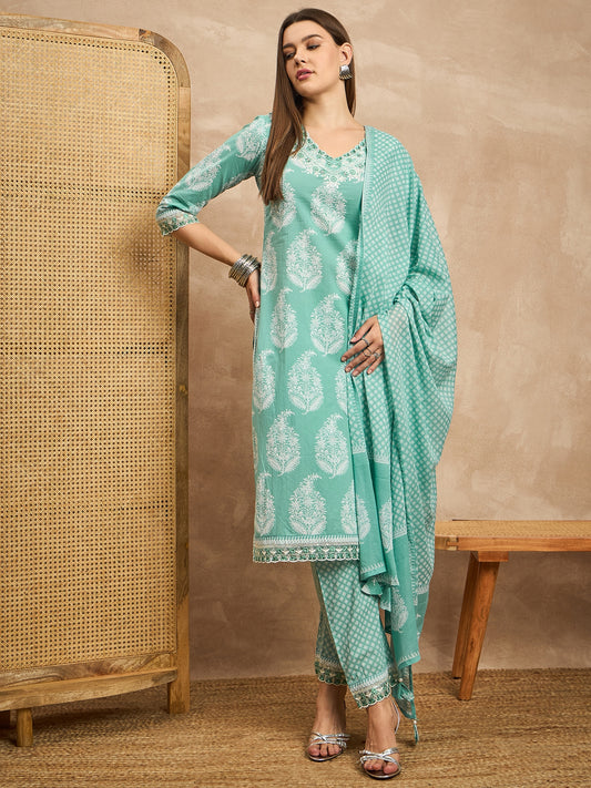 Women Floral Printed Thread Work Pure Cotton Straight Kurta with Trousers & Dupatta