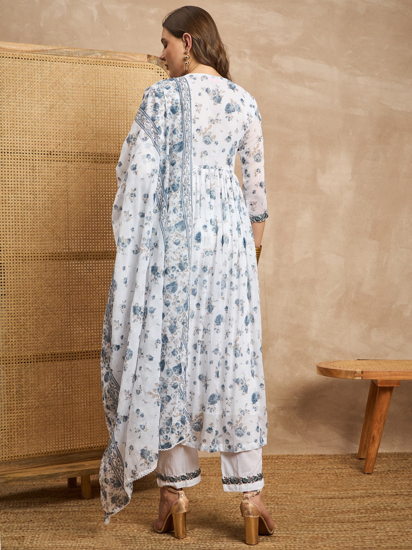 Floral Printed V-Neck Thread Work Empire Anarkali Kurta With Trousers & Dupatta