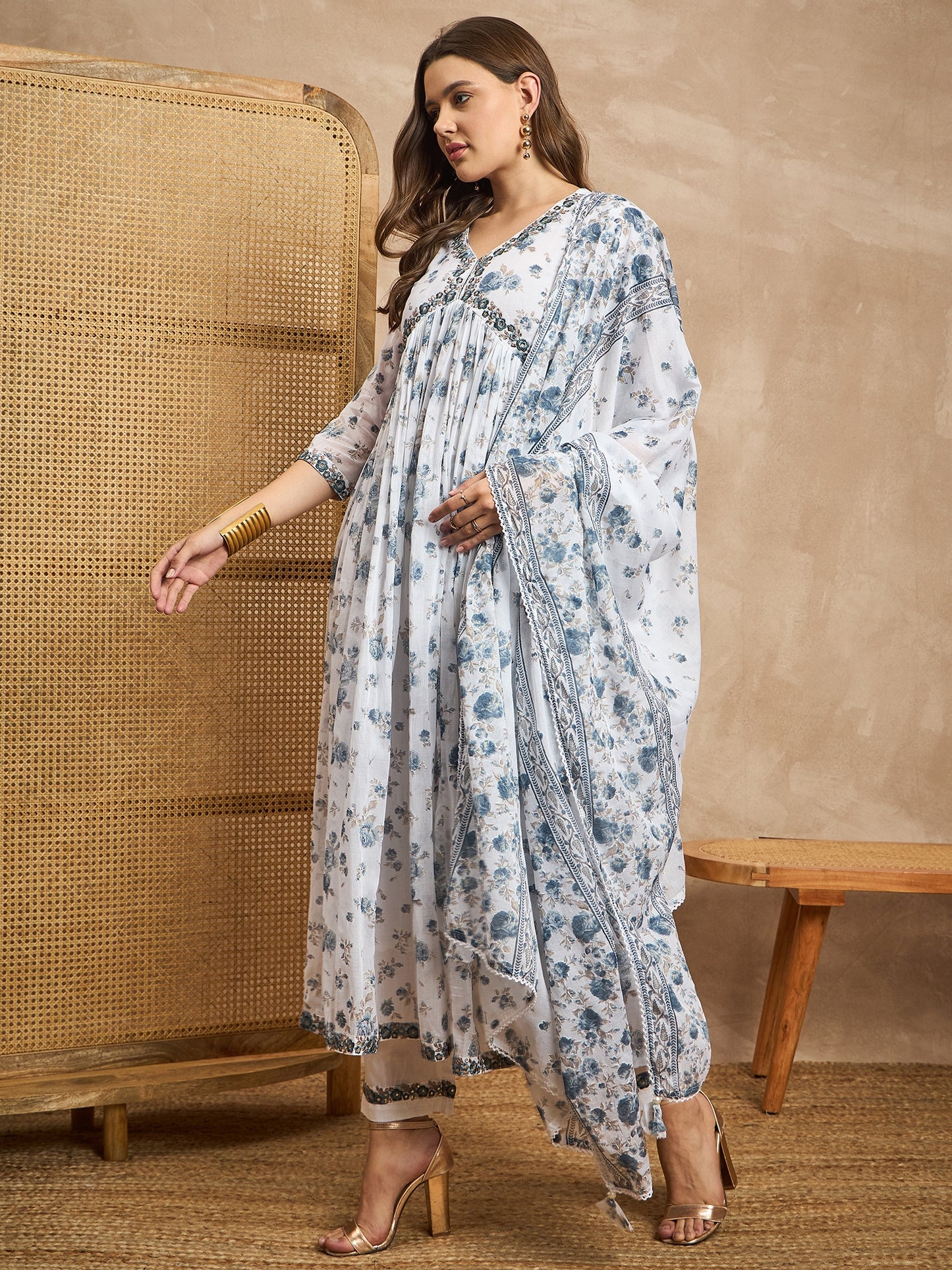 Floral Printed V-Neck Thread Work Empire Anarkali Kurta With Trousers & Dupatta