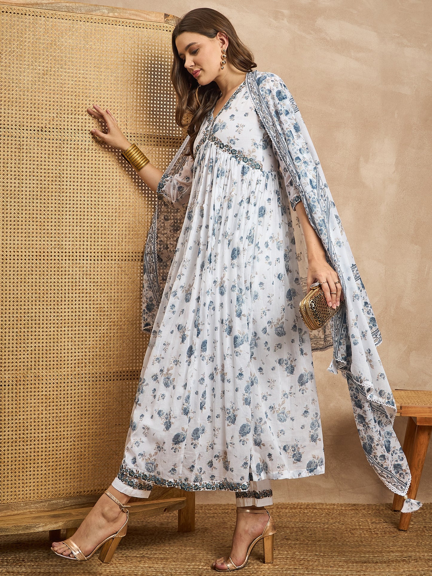 Floral Printed V-Neck Thread Work Empire Anarkali Kurta With Trousers & Dupatta