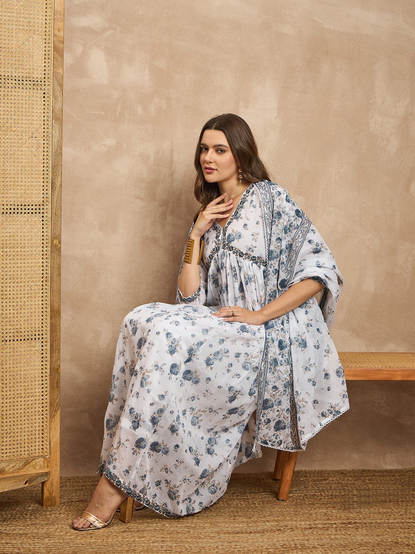 Floral Printed V-Neck Thread Work Empire Anarkali Kurta With Trousers & Dupatta