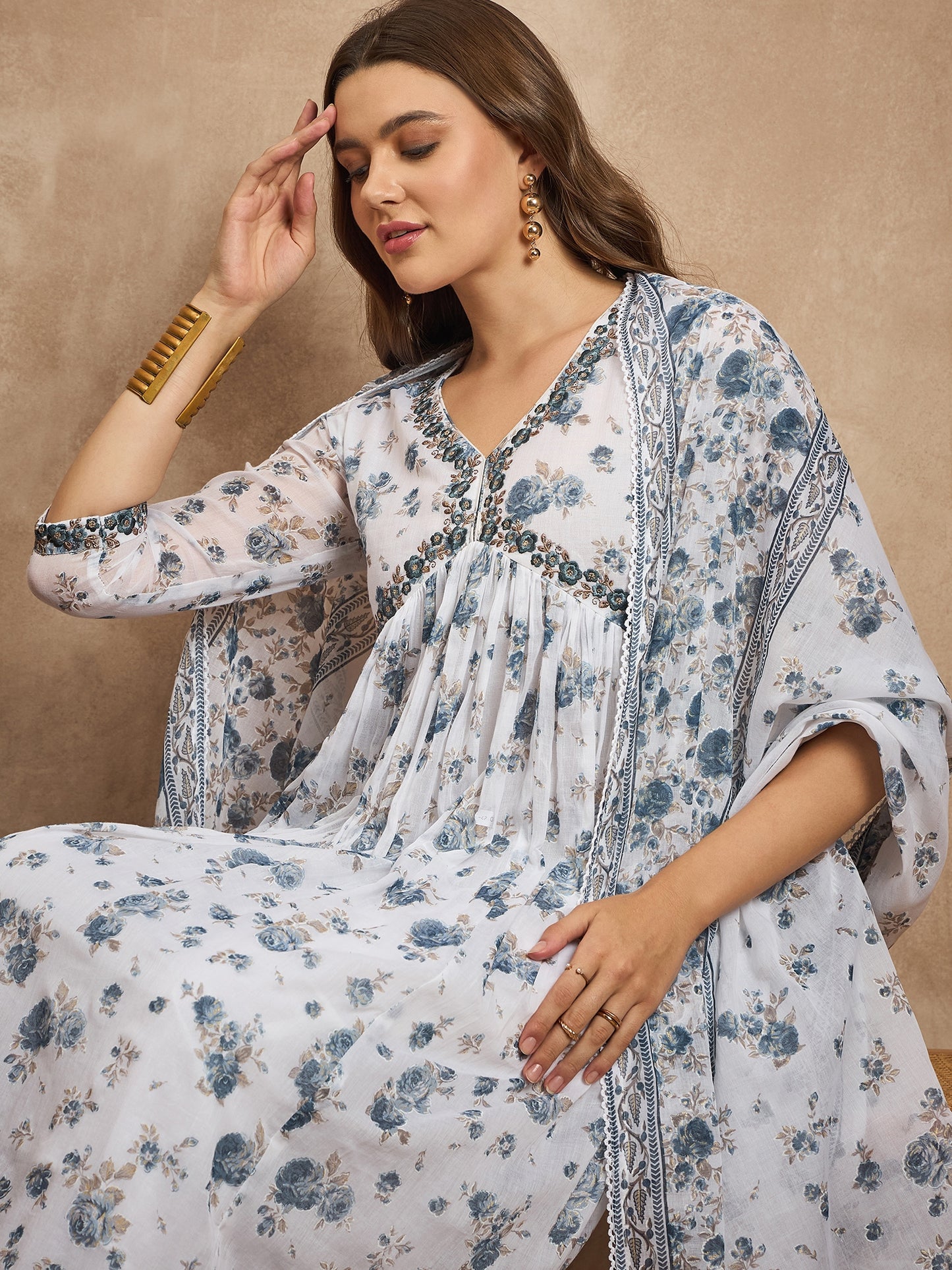 Floral Printed V-Neck Thread Work Empire Anarkali Kurta With Trousers & Dupatta