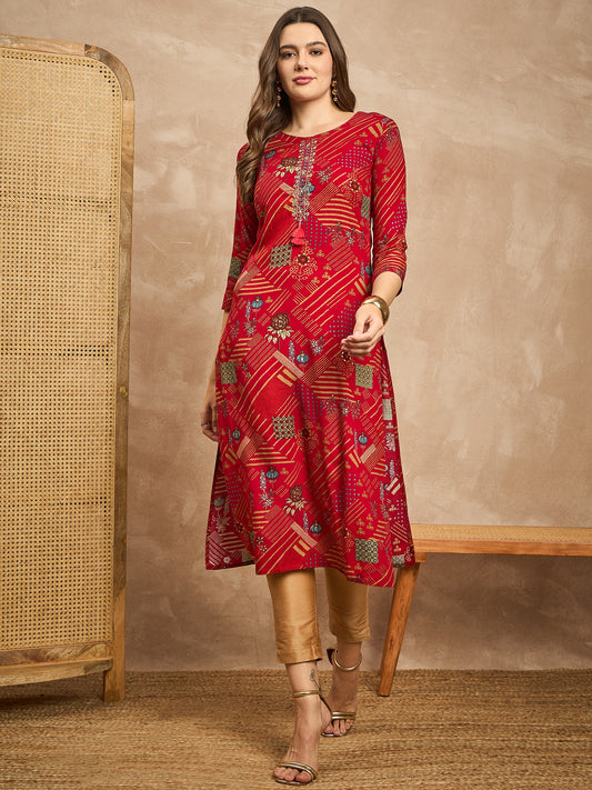 Floral Printed Beads and Stones Straight Kurta