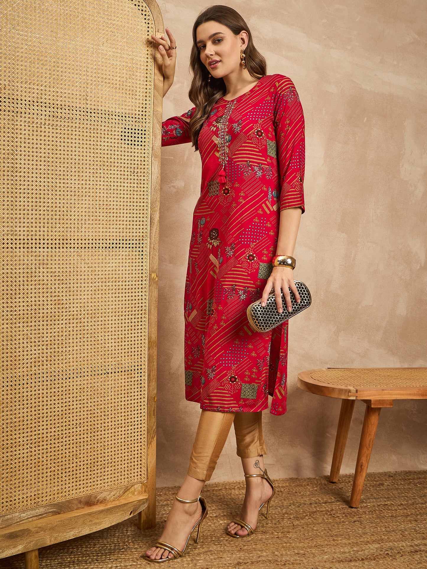 Geometric Printed Beads and Stones Straight Kurta