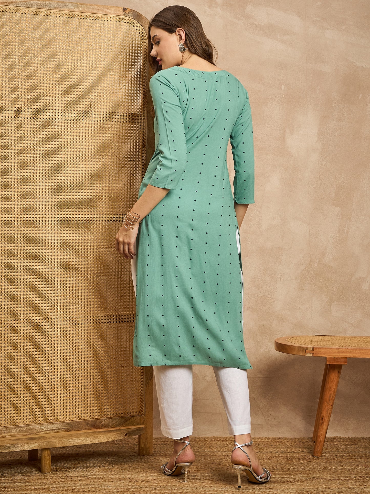 Polka Dots Printed Beads and Stones Straight Kurta