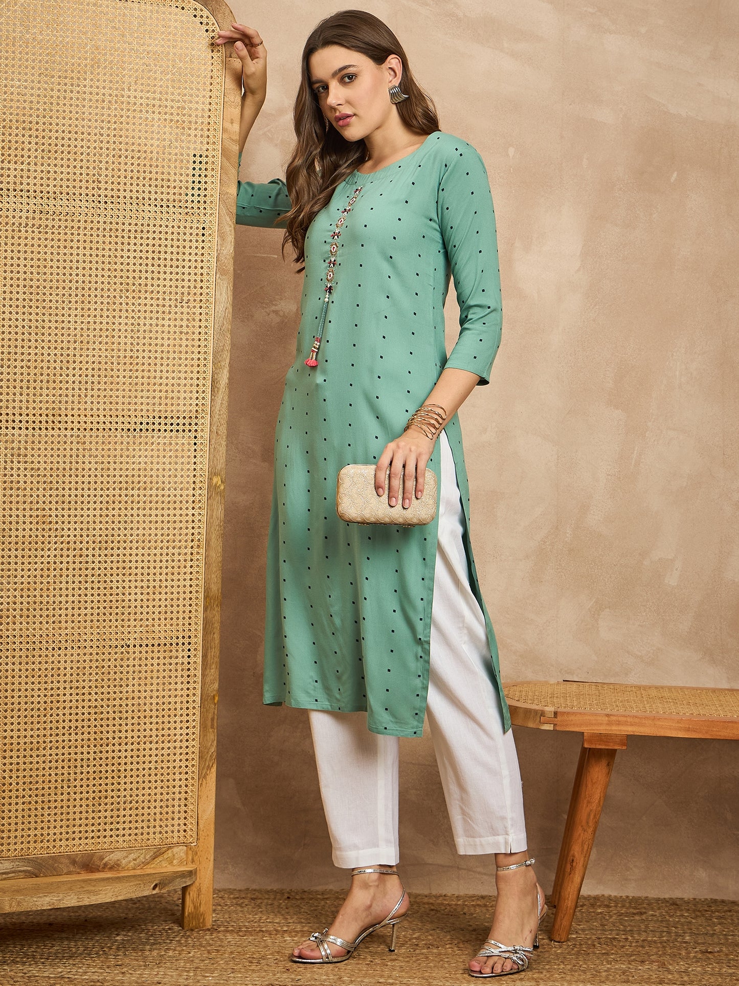 Polka Dots Printed Beads and Stones Straight Kurta