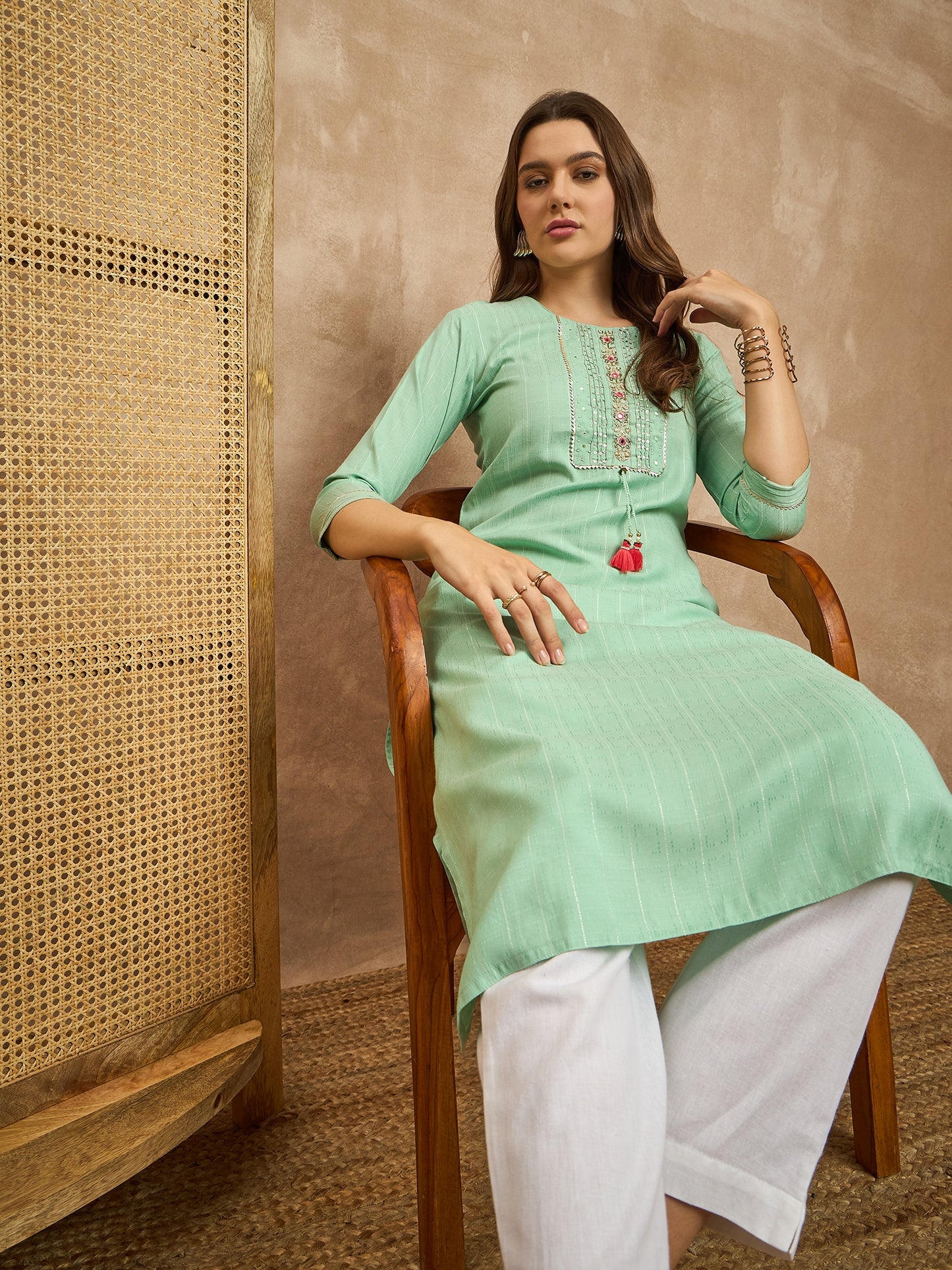 Striped Embroidered Mirror Work Straight Kurta