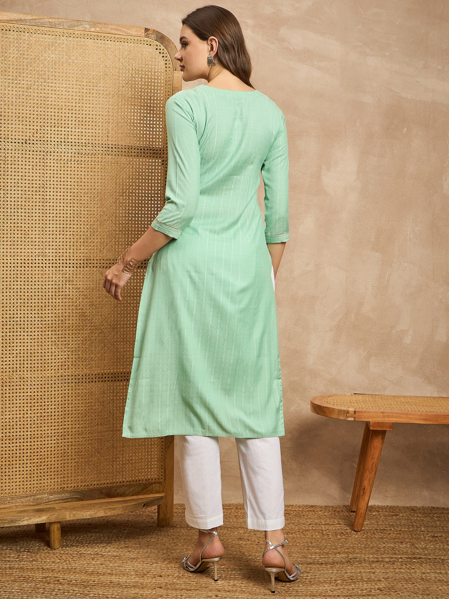 Striped Embroidered Mirror Work Straight Kurta