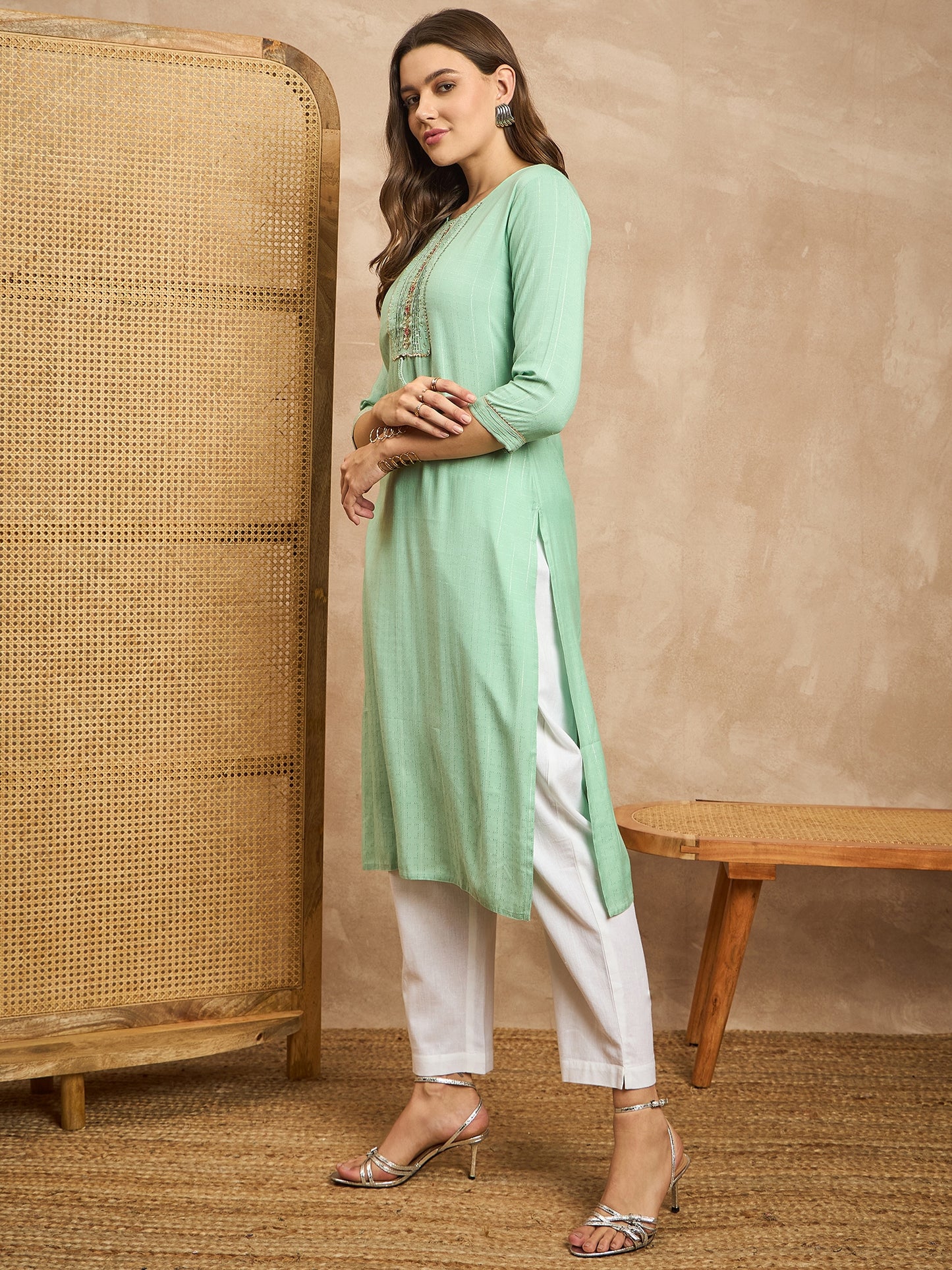 Striped Embroidered Mirror Work Straight Kurta