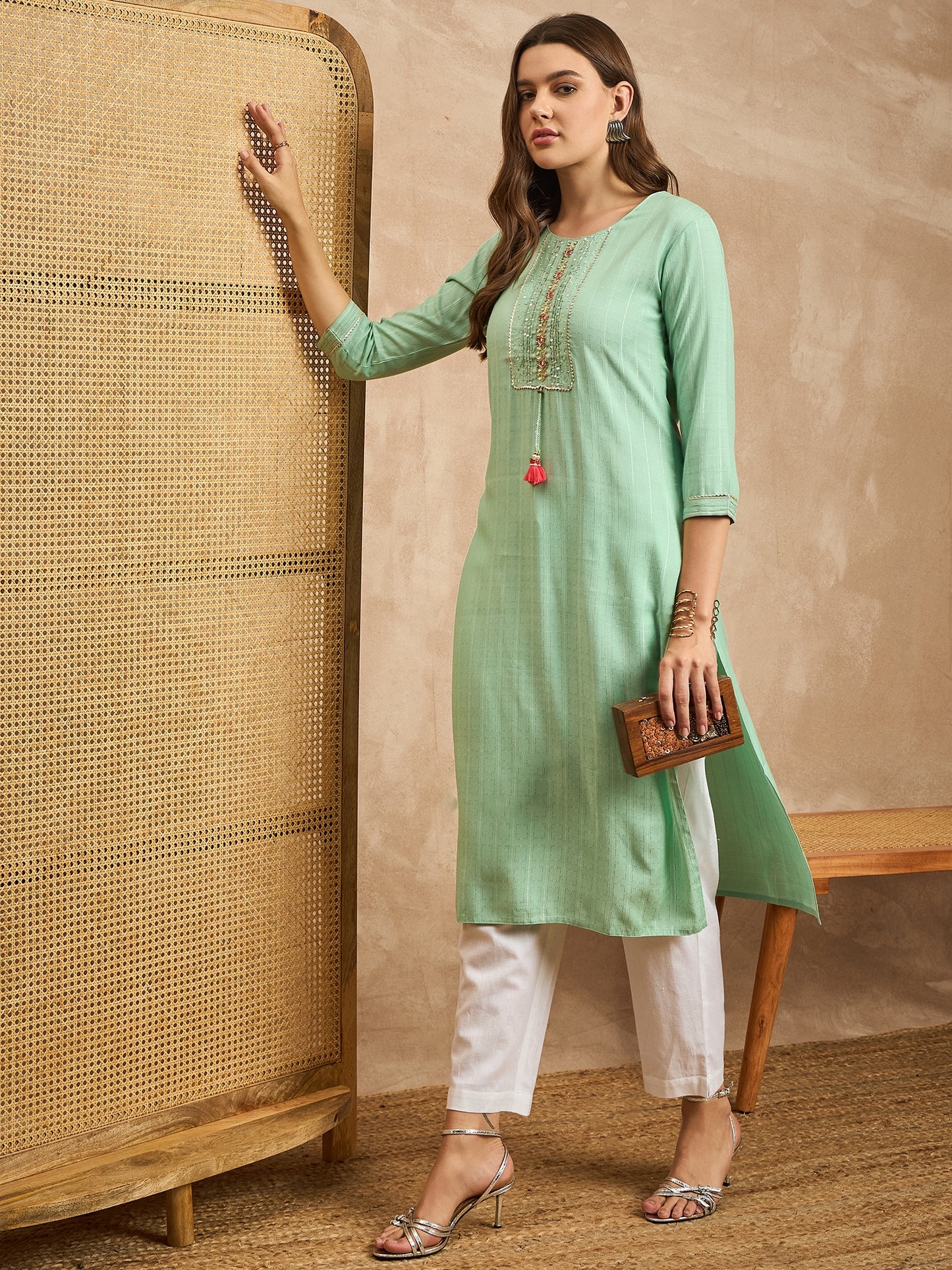 Striped Embroidered Mirror Work Straight Kurta