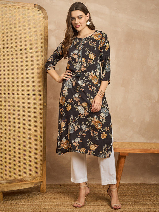 Floral Printed Beads and Stones Straight Kurta