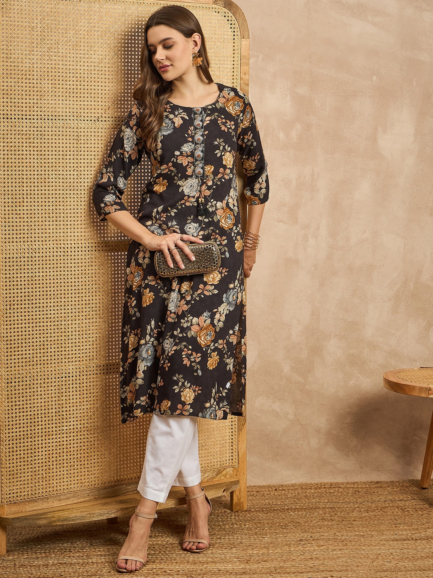 Floral Printed Beads and Stones Straight Kurta