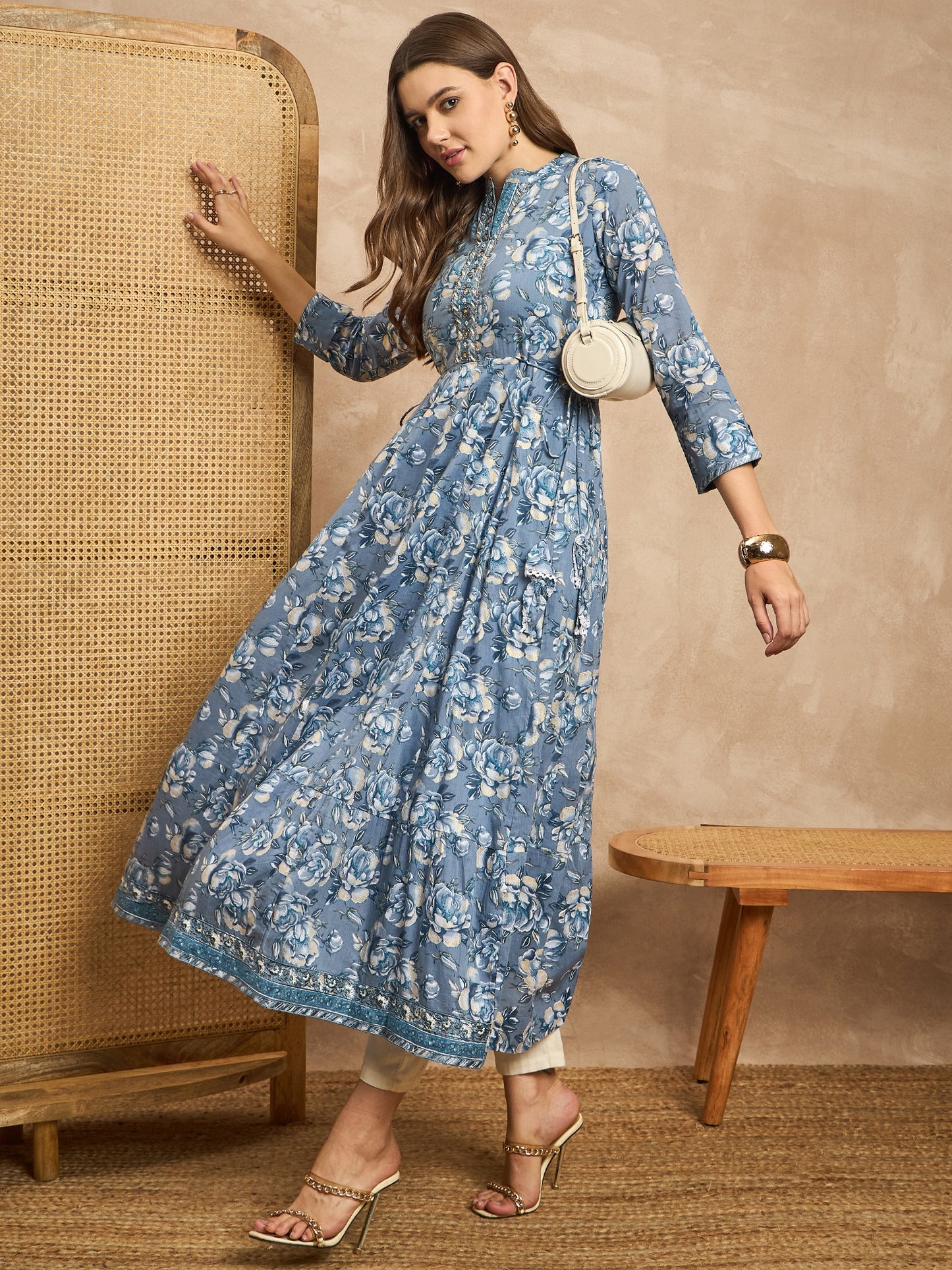 Women Floral Printed Embroidered Maxi Dress