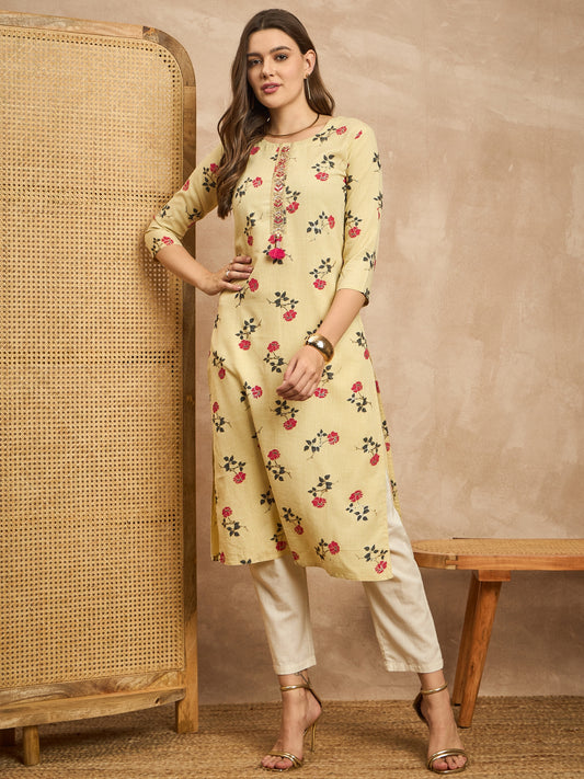 Floral Printed Beads and Stones Straight Kurta