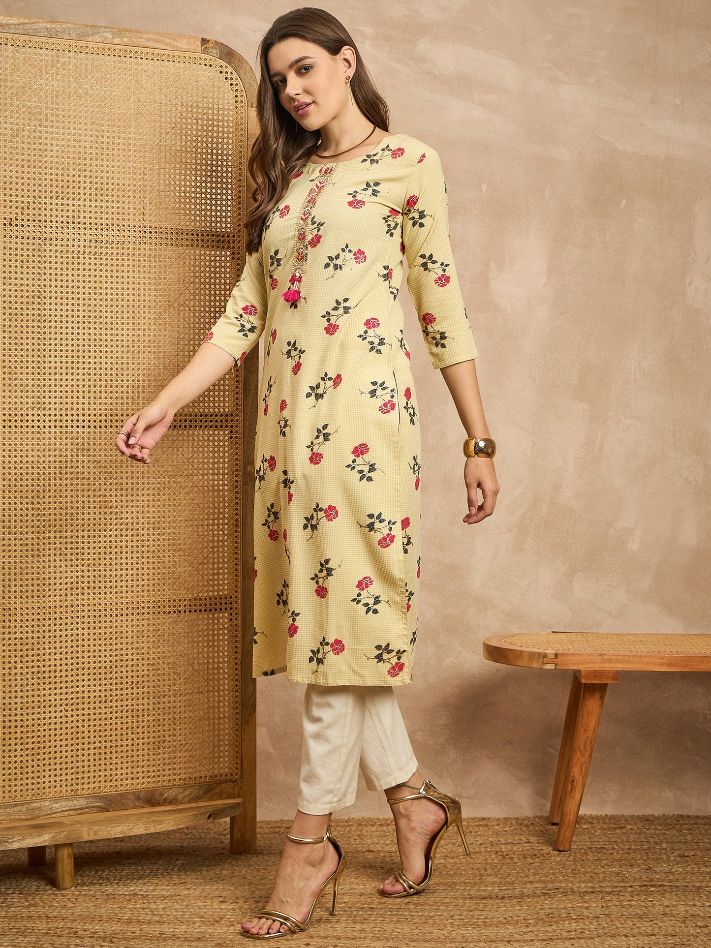 Floral Printed Beads and Stones Straight Kurta